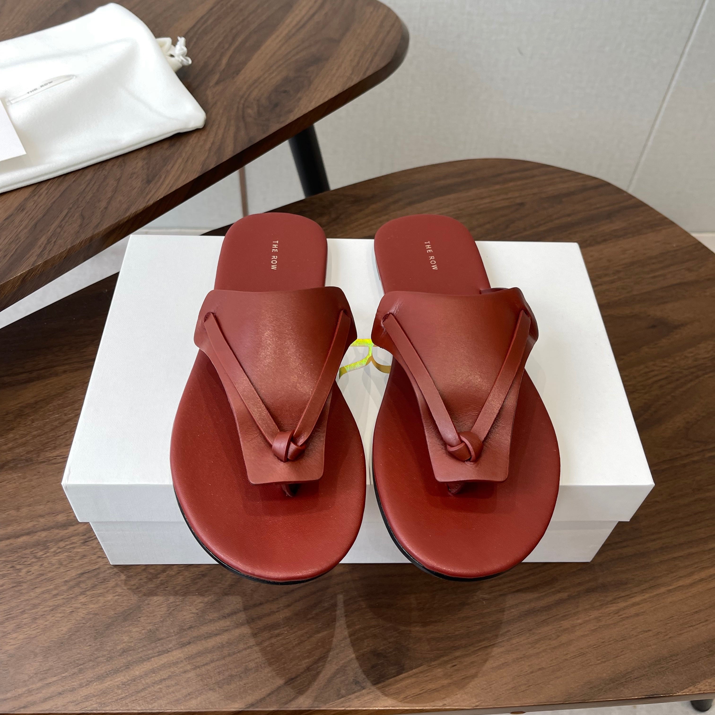 THE ROW 26S T STRAP THONG SANDALS IN RUST RED CALFSKIN