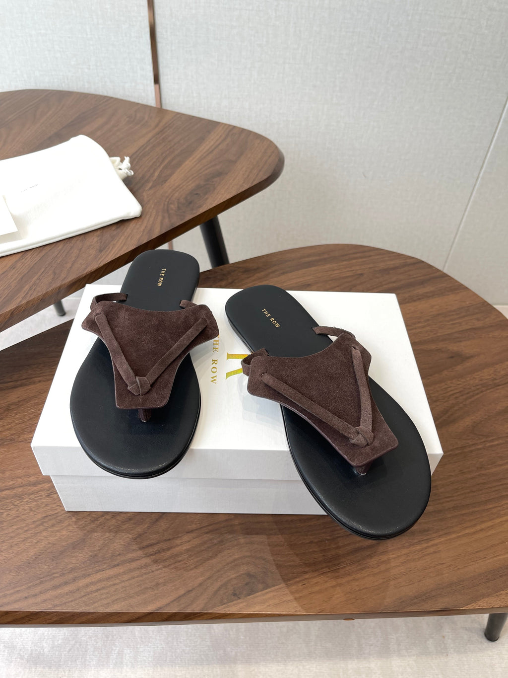 THE ROW 26S T STRAP THONG SANDALS IN CHOCOLATE BROWN SUEDE