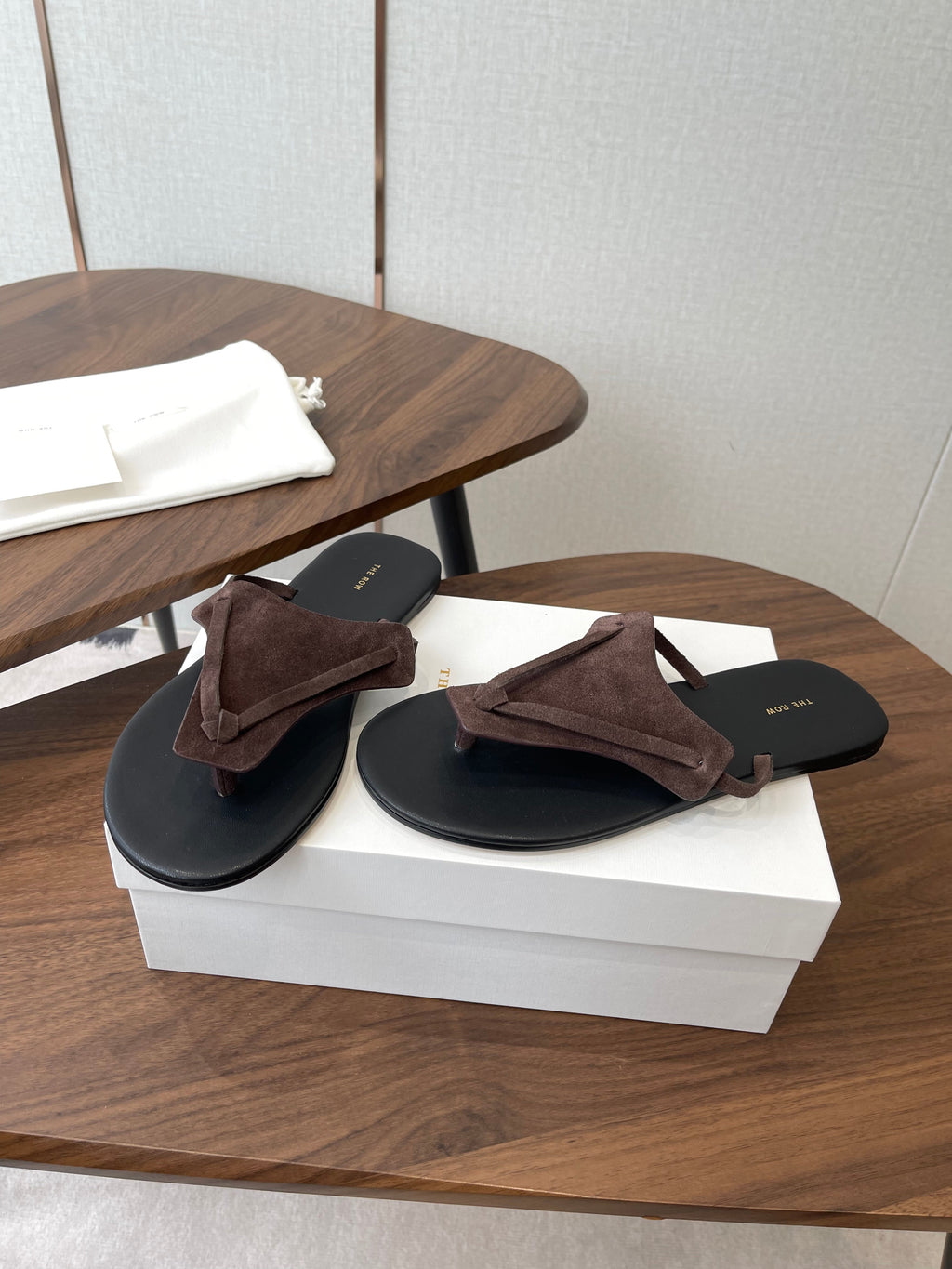 THE ROW 26S T STRAP THONG SANDALS IN CHOCOLATE BROWN SUEDE