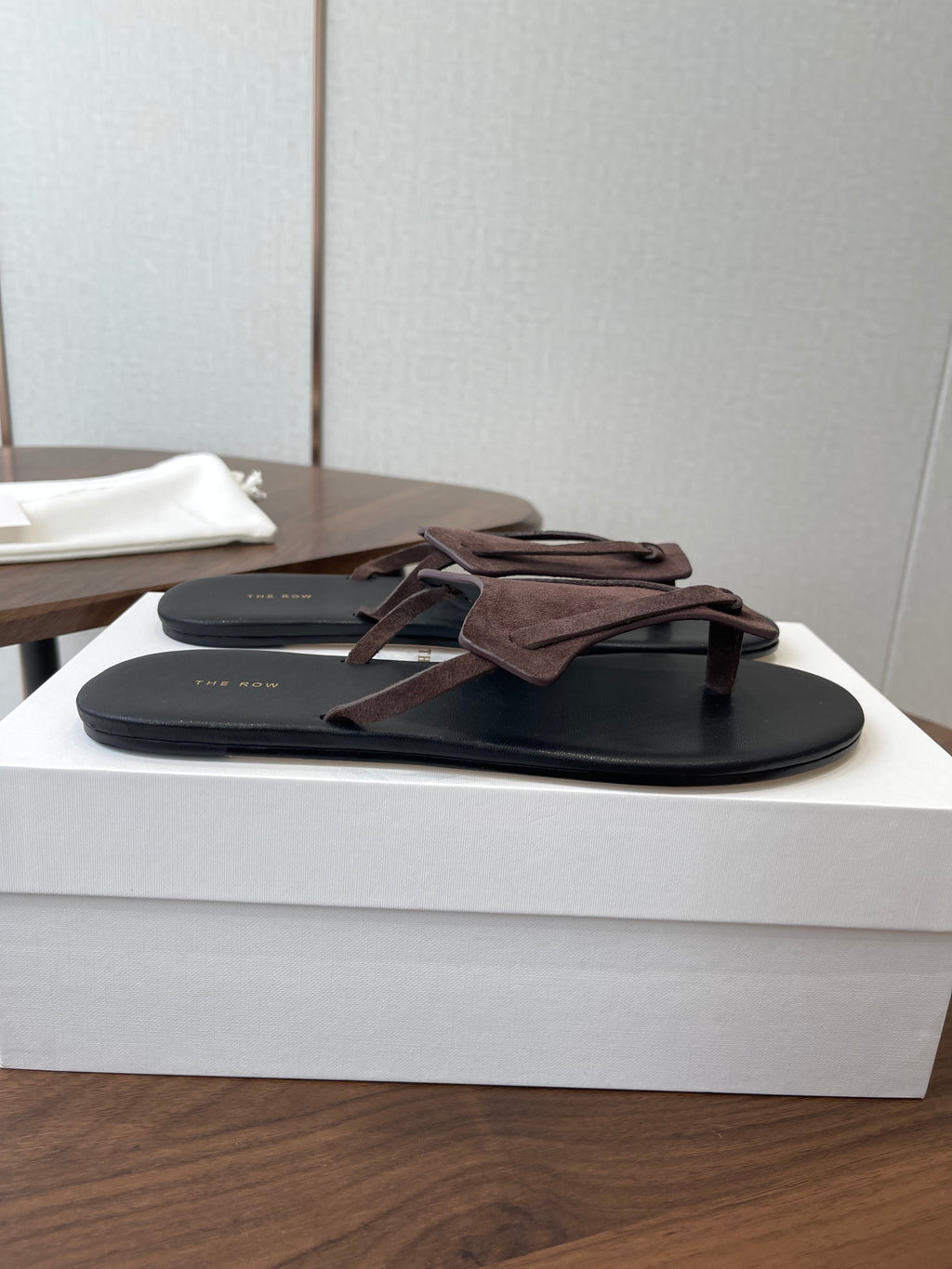 THE ROW 26S T STRAP THONG SANDALS IN CHOCOLATE BROWN SUEDE