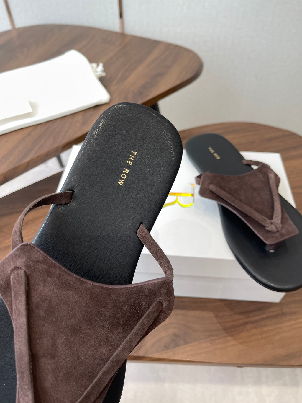 THE ROW 26S T STRAP THONG SANDALS IN CHOCOLATE BROWN SUEDE