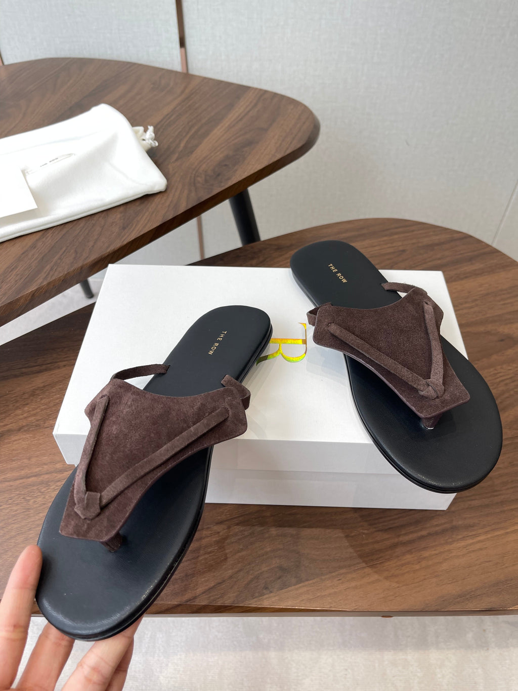 THE ROW 26S T STRAP THONG SANDALS IN CHOCOLATE BROWN SUEDE