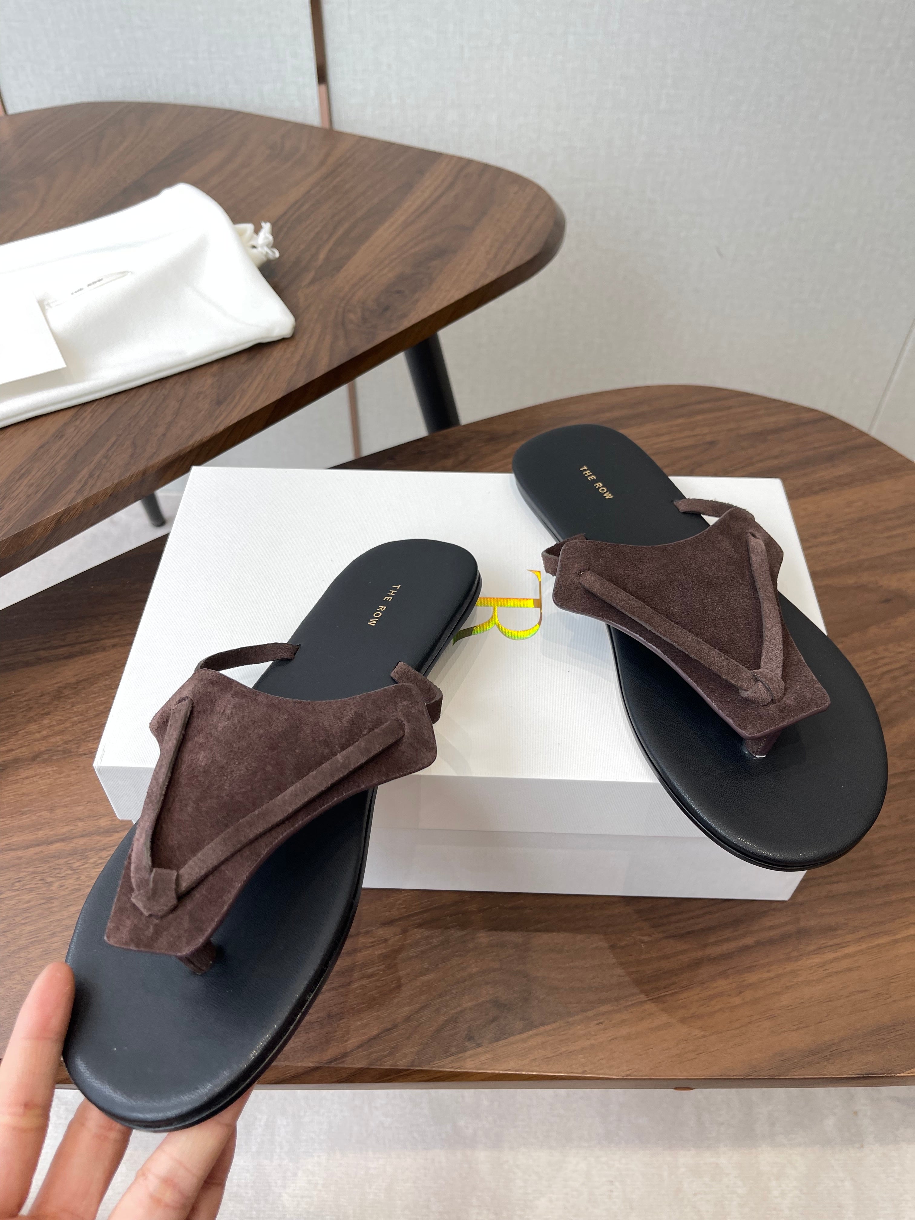 THE ROW 26S T STRAP THONG SANDALS IN CHOCOLATE BROWN SUEDE