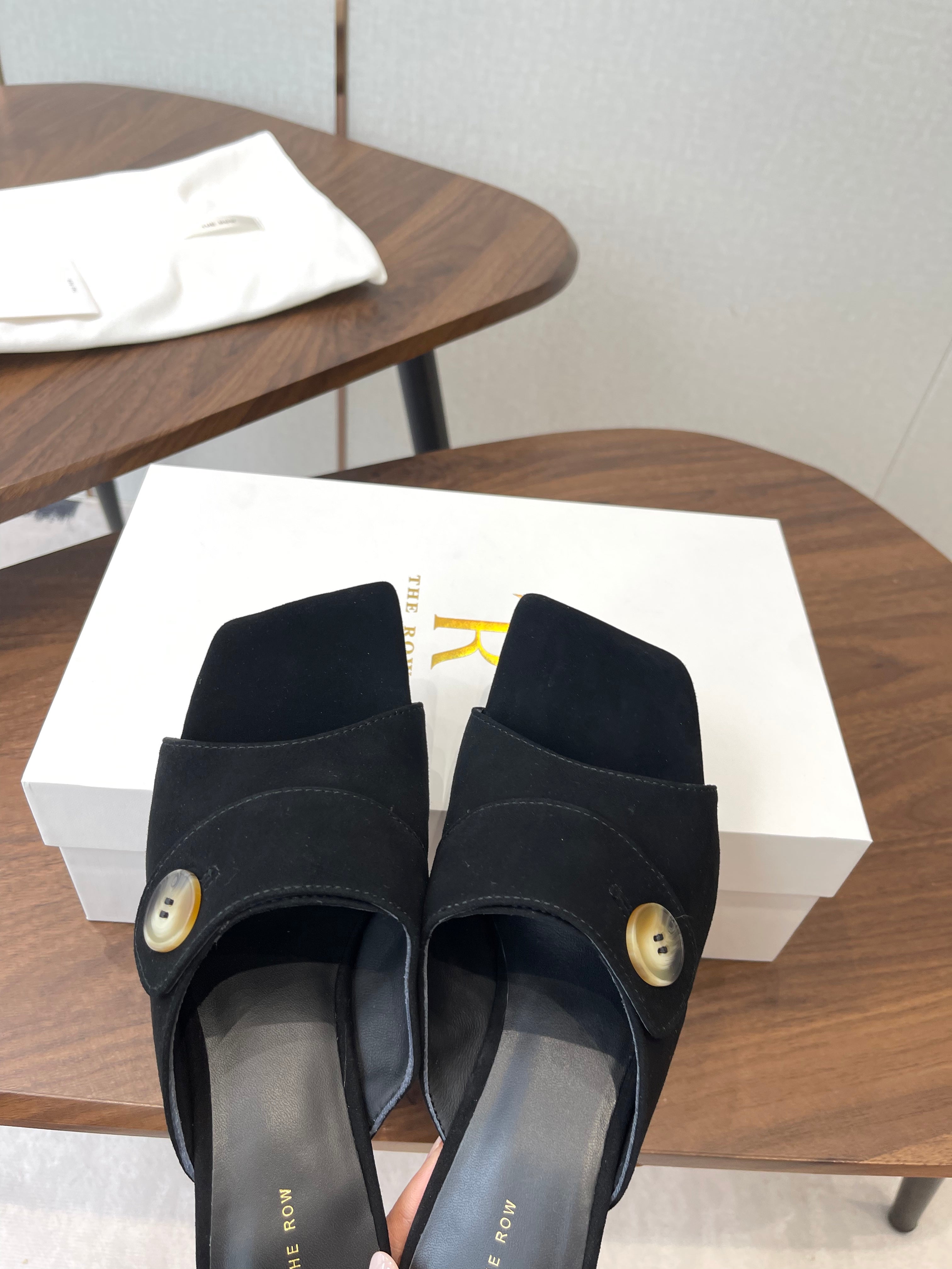 THE ROW 26S BUTTON DETAIL MULE HEELS 70MM IN BLACK SUEDE