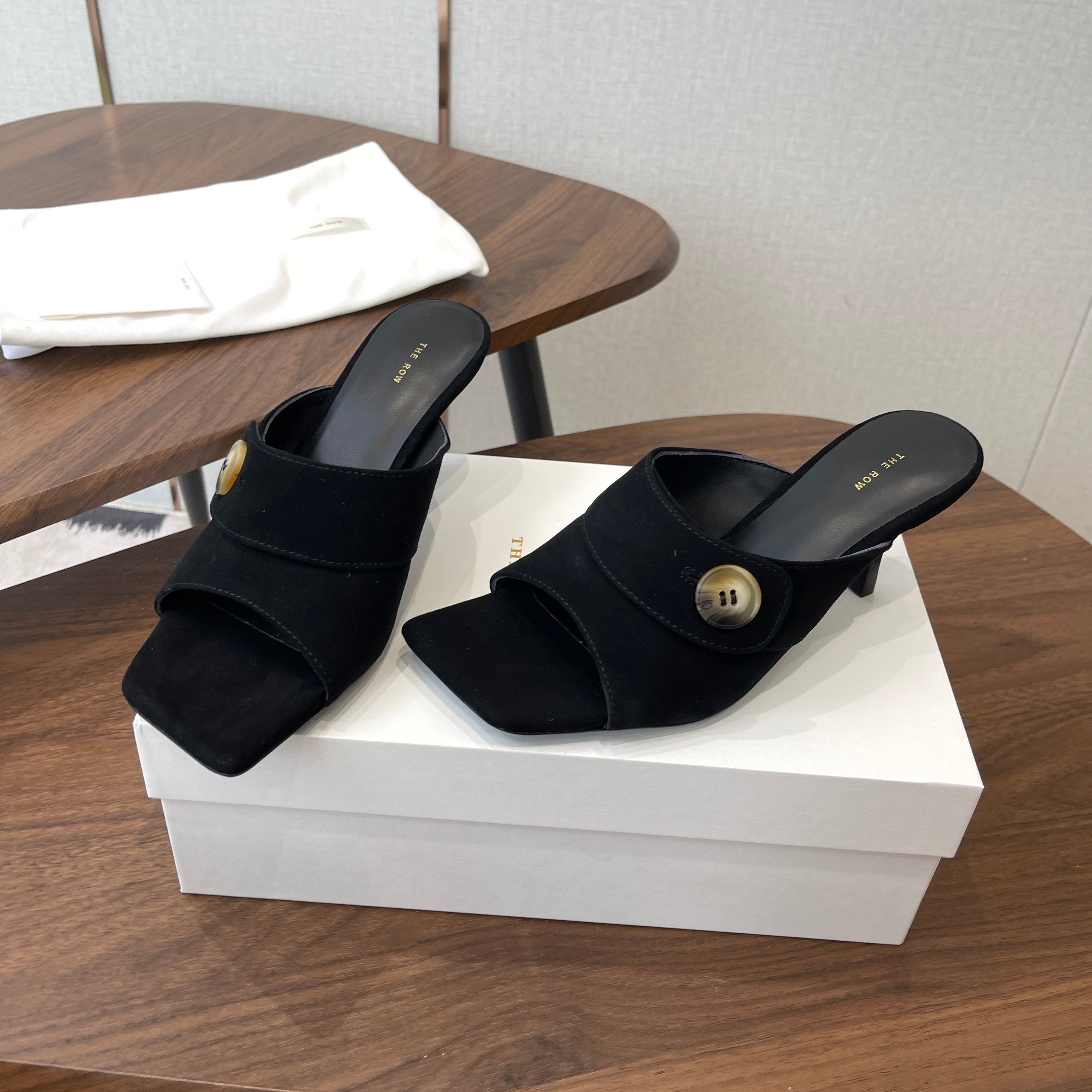 THE ROW 26S BUTTON DETAIL MULE HEELS 70MM IN BLACK SUEDE