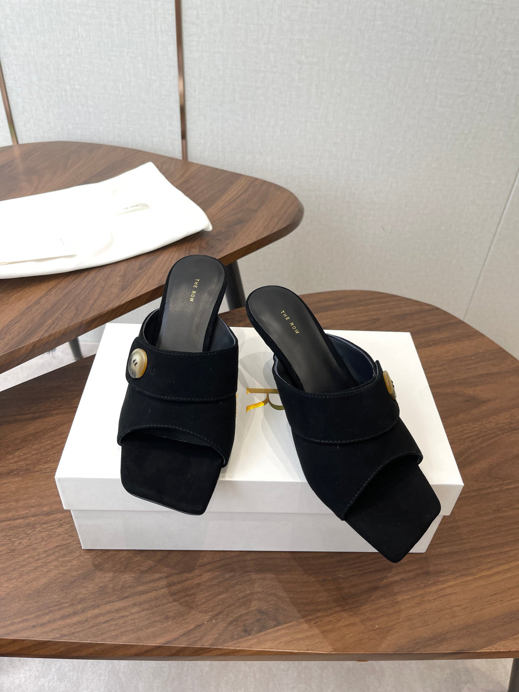 THE ROW 26S BUTTON DETAIL MULE HEELS 70MM IN BLACK SUEDE