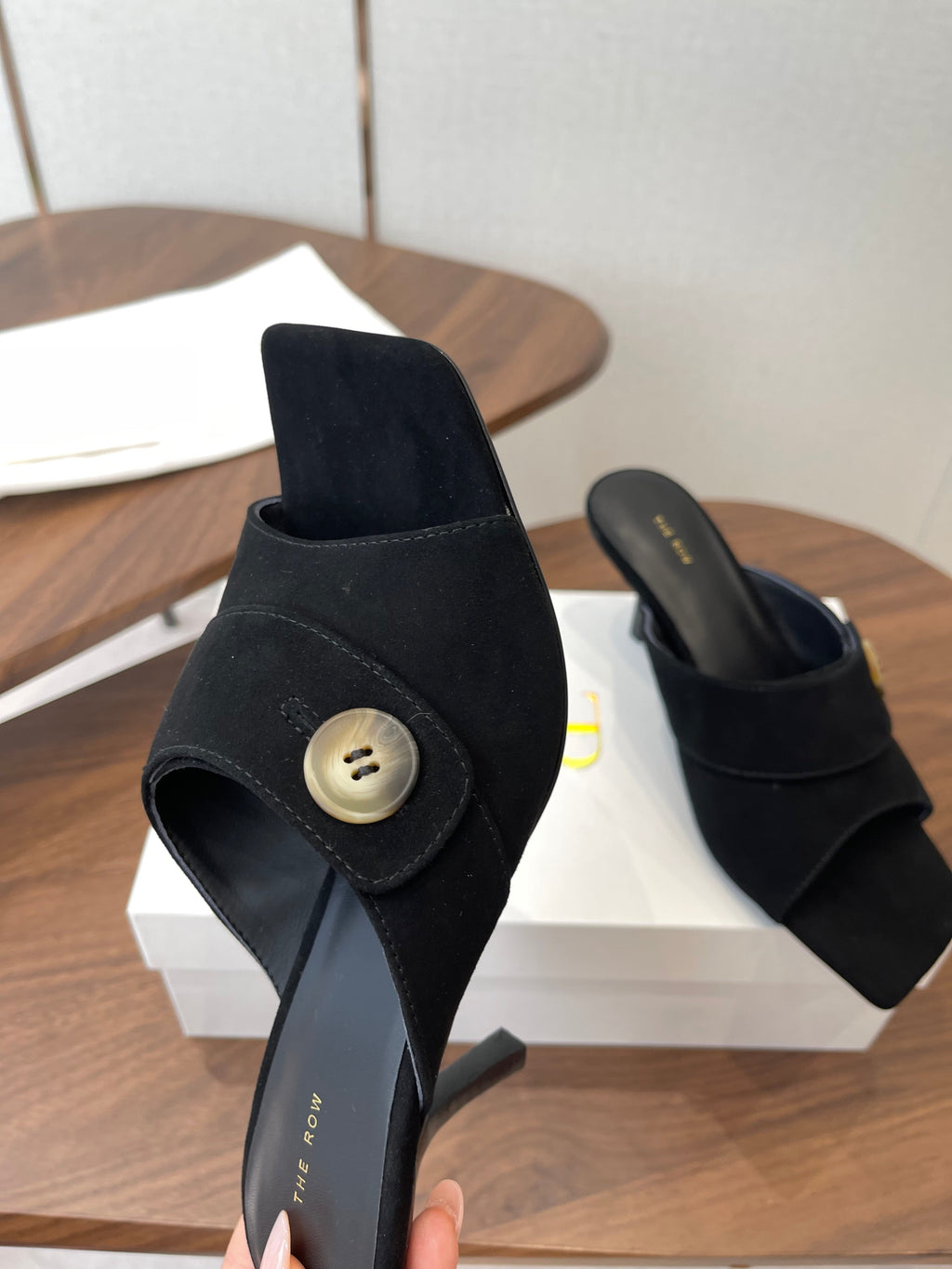 THE ROW 26S BUTTON DETAIL MULE HEELS 70MM IN BLACK SUEDE