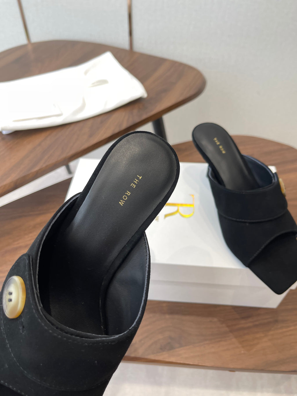 THE ROW 26S BUTTON DETAIL MULE HEELS 70MM IN BLACK SUEDE
