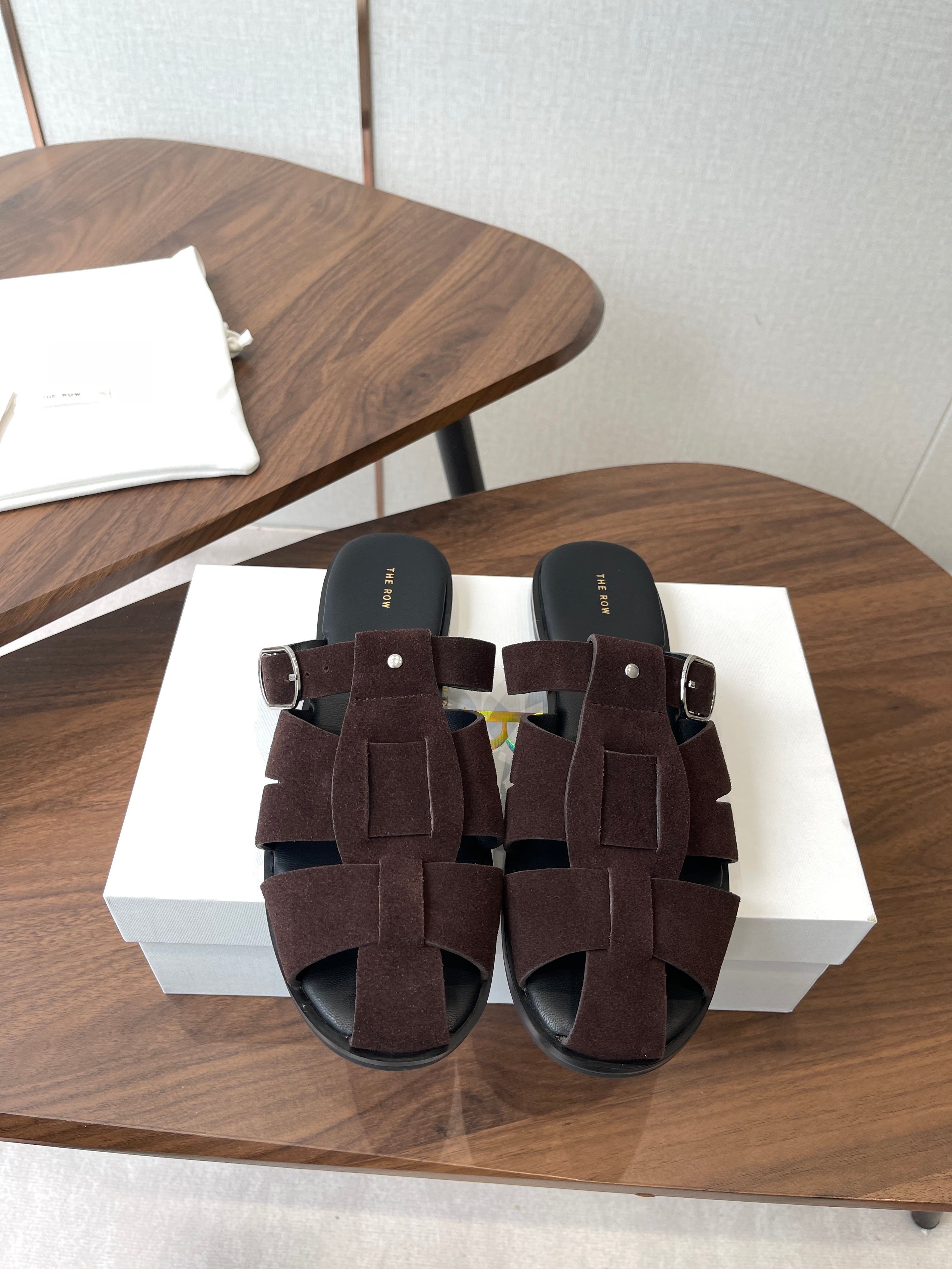 THE ROW 26S GLADIATOR SLIDE SANDALS IN DARK BROWN SUEDE
