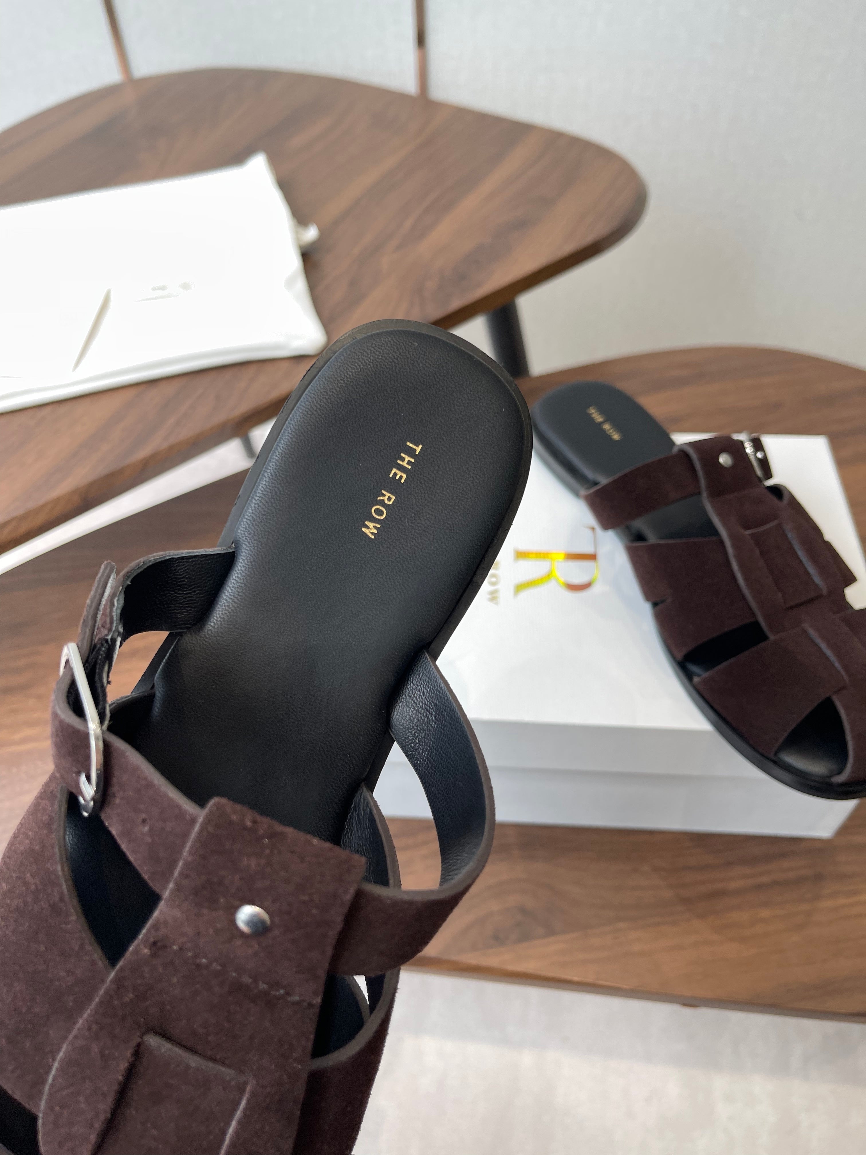 THE ROW 26S GLADIATOR SLIDE SANDALS IN DARK BROWN SUEDE