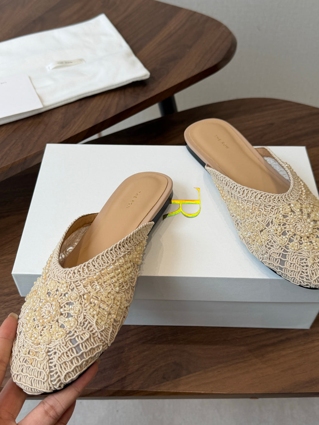 THE ROW 26S PEARL EMBELLISHED CROCHET MULE FLATS IN IVORY WHITE