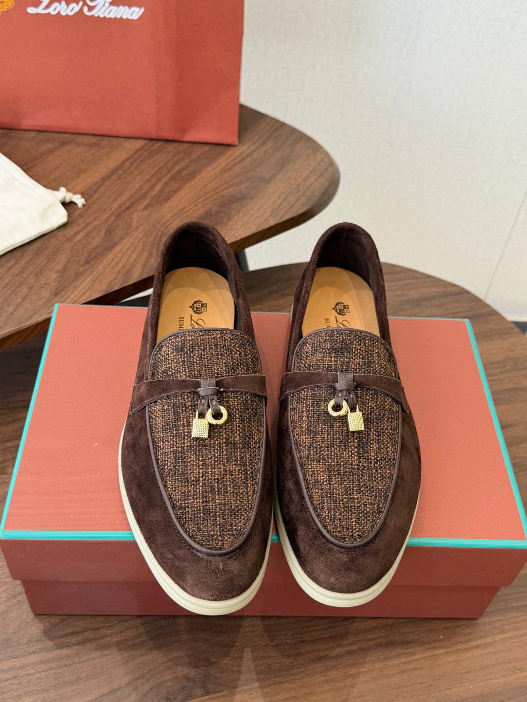 LP 26S LOAFERS IN DARK BROWN SUEDE & FABRIC GOLD HARDWARE