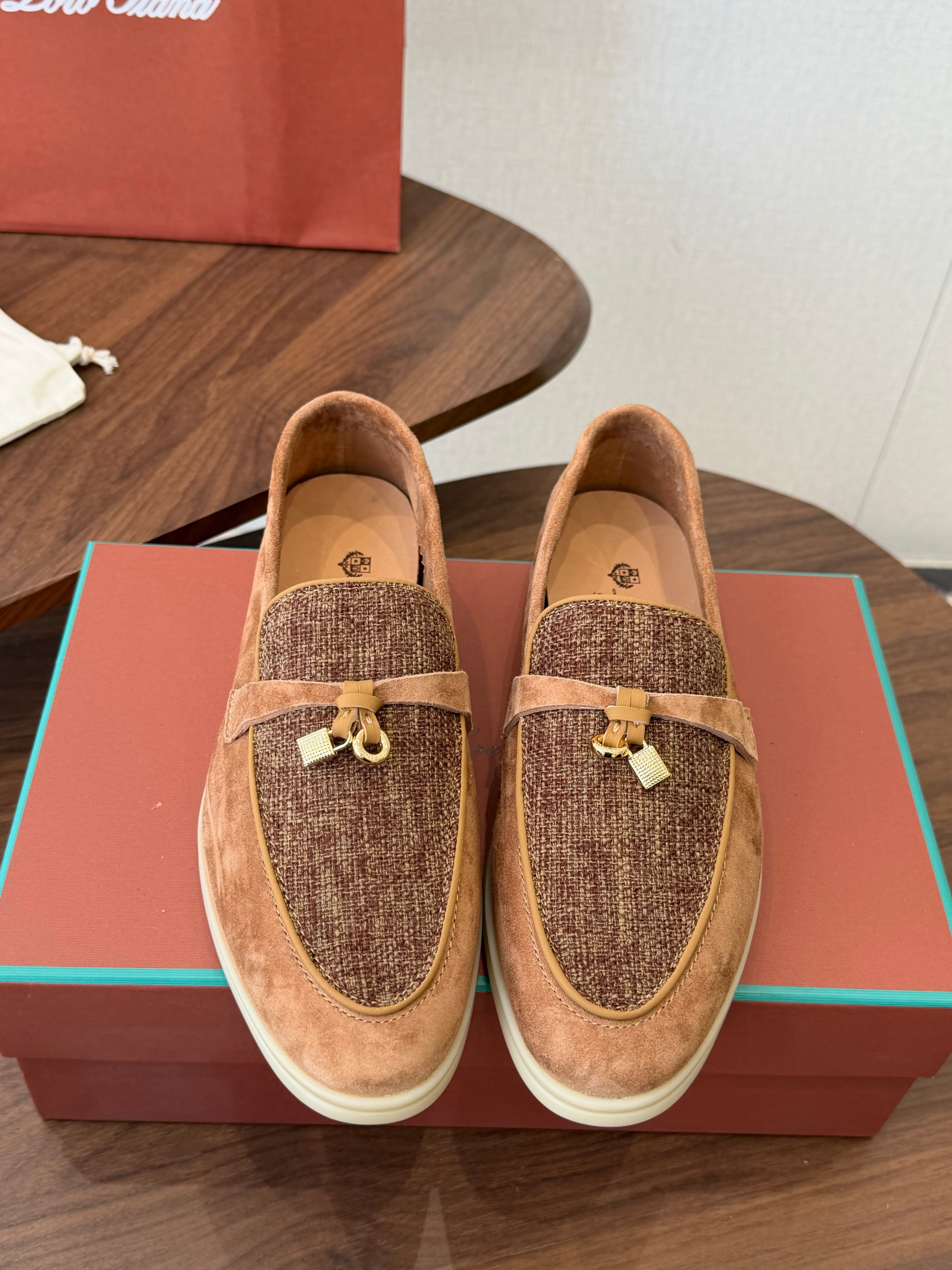 LP 26S LOAFERS IN CARAMEL BROWN SUEDE & FABRIC GOLD HARDWARE