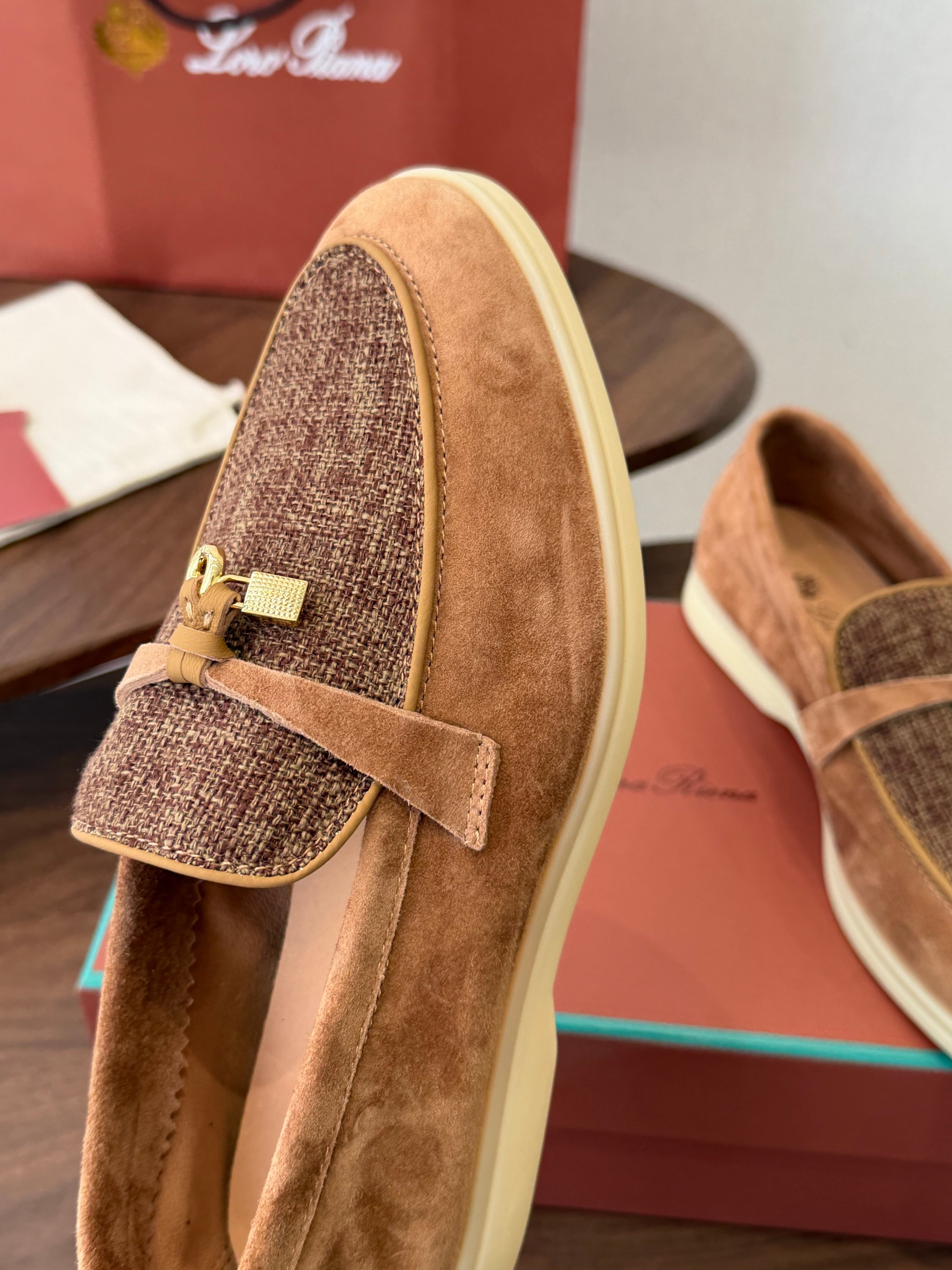 LP 26S LOAFERS IN CARAMEL BROWN SUEDE & FABRIC GOLD HARDWARE
