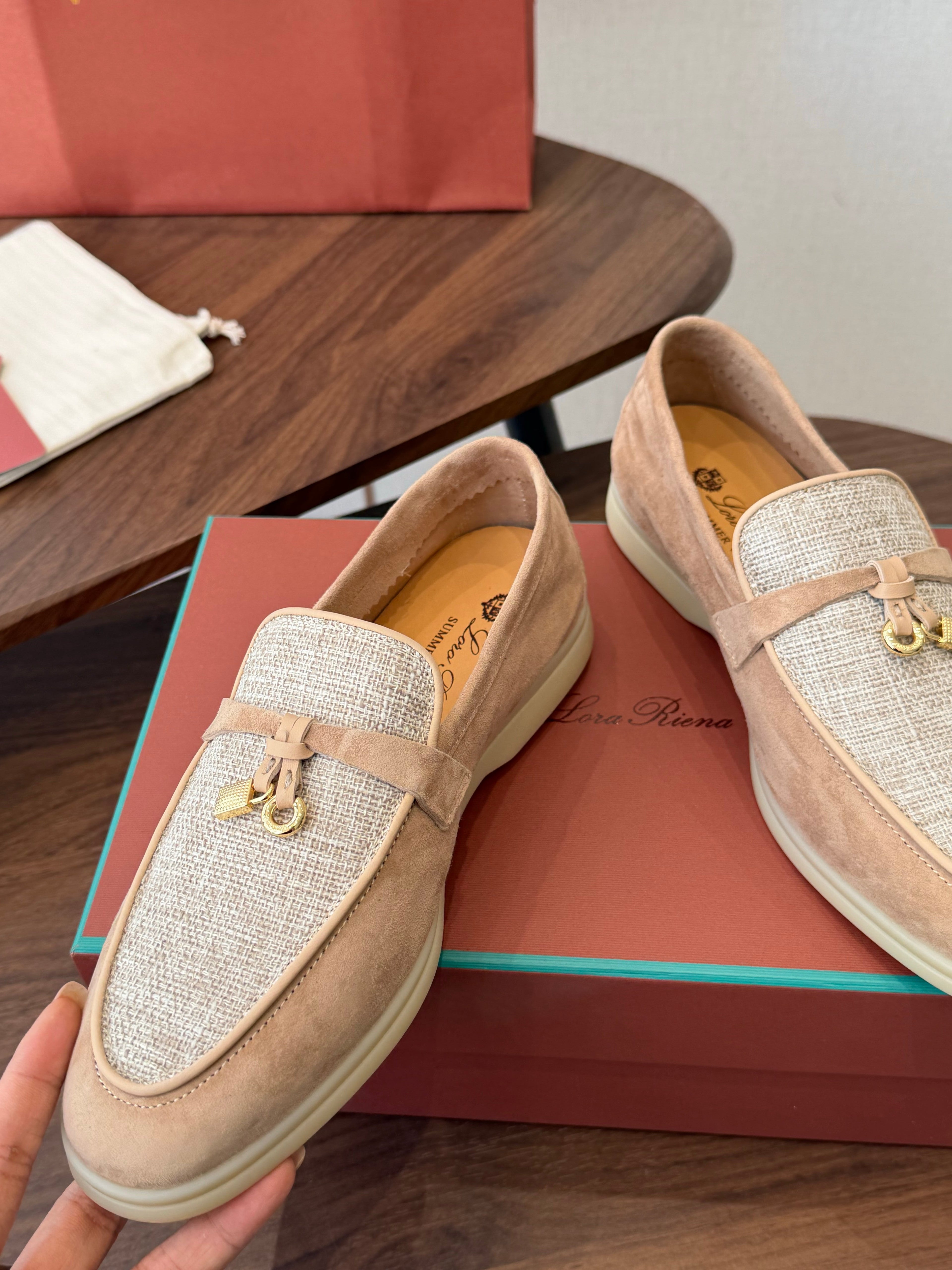 LP 26S LOAFERS IN LIGHT BROWN SUEDE & FABRIC GOLD HARDWARE