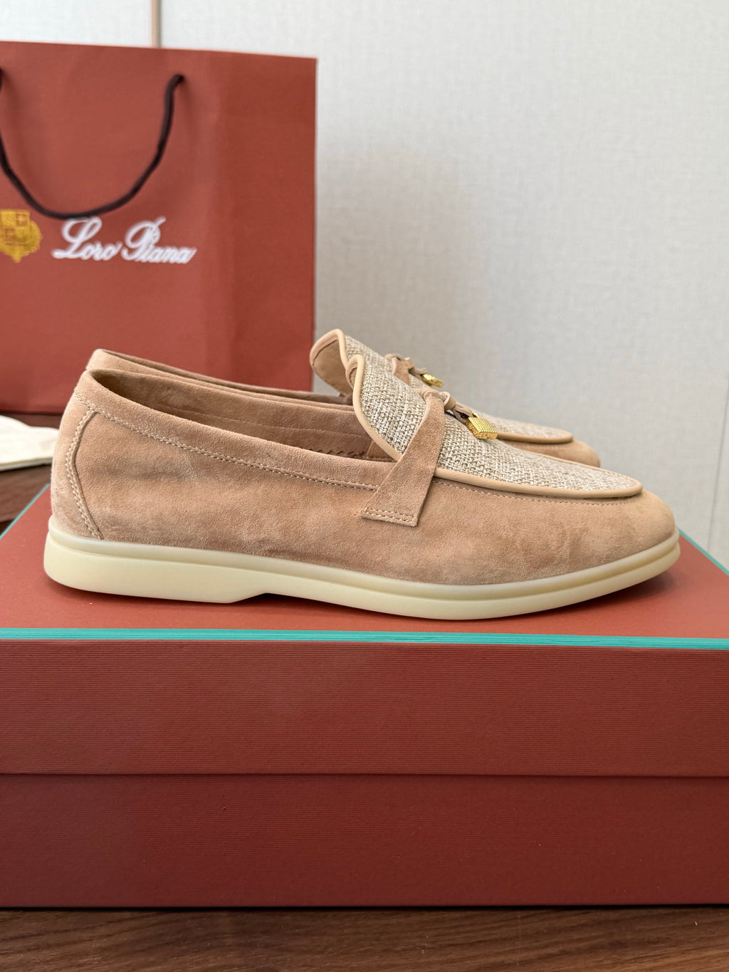 LP 26S LOAFERS IN LIGHT BROWN SUEDE & FABRIC GOLD HARDWARE