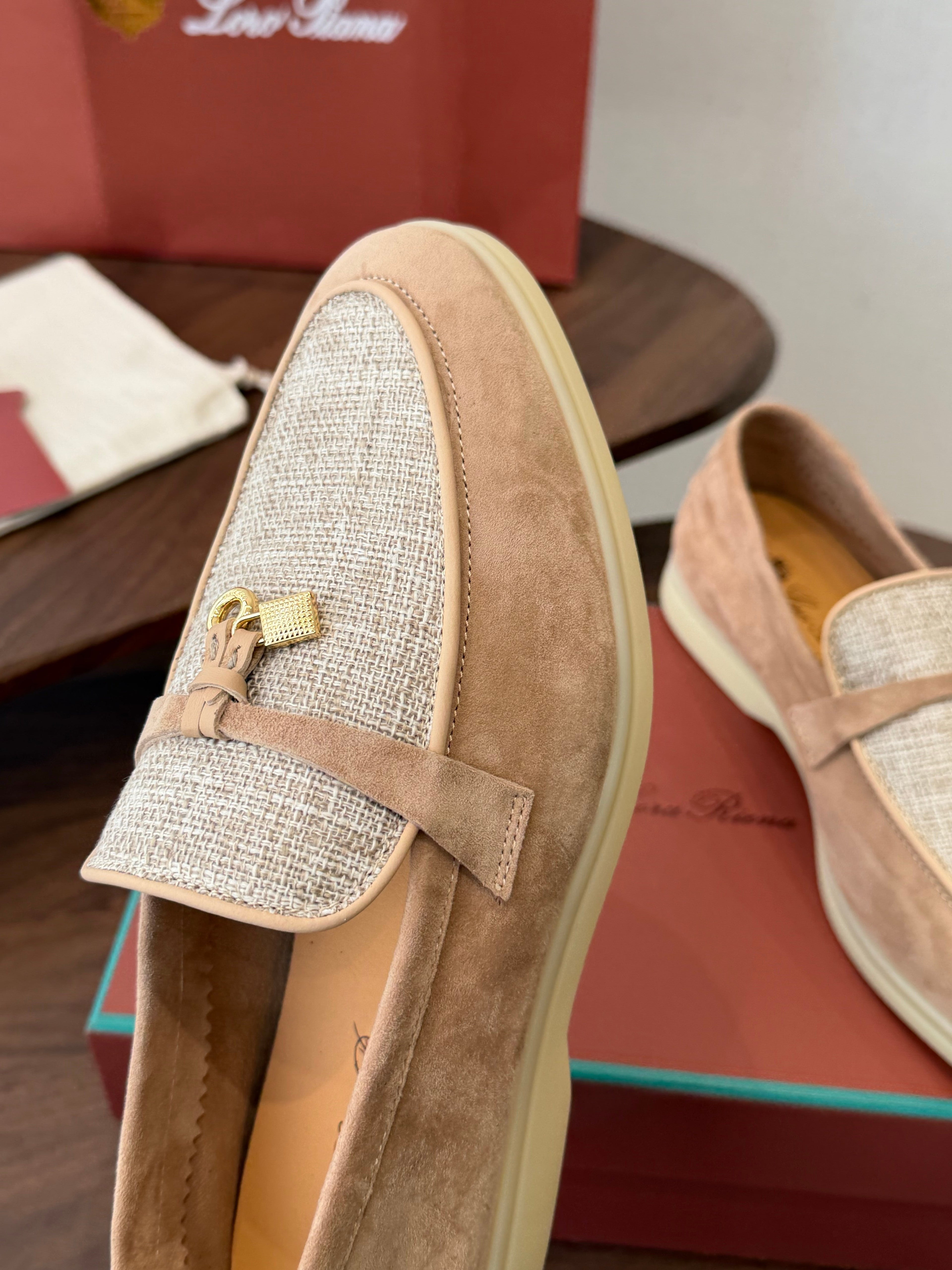 LP 26S LOAFERS IN LIGHT BROWN SUEDE & FABRIC GOLD HARDWARE