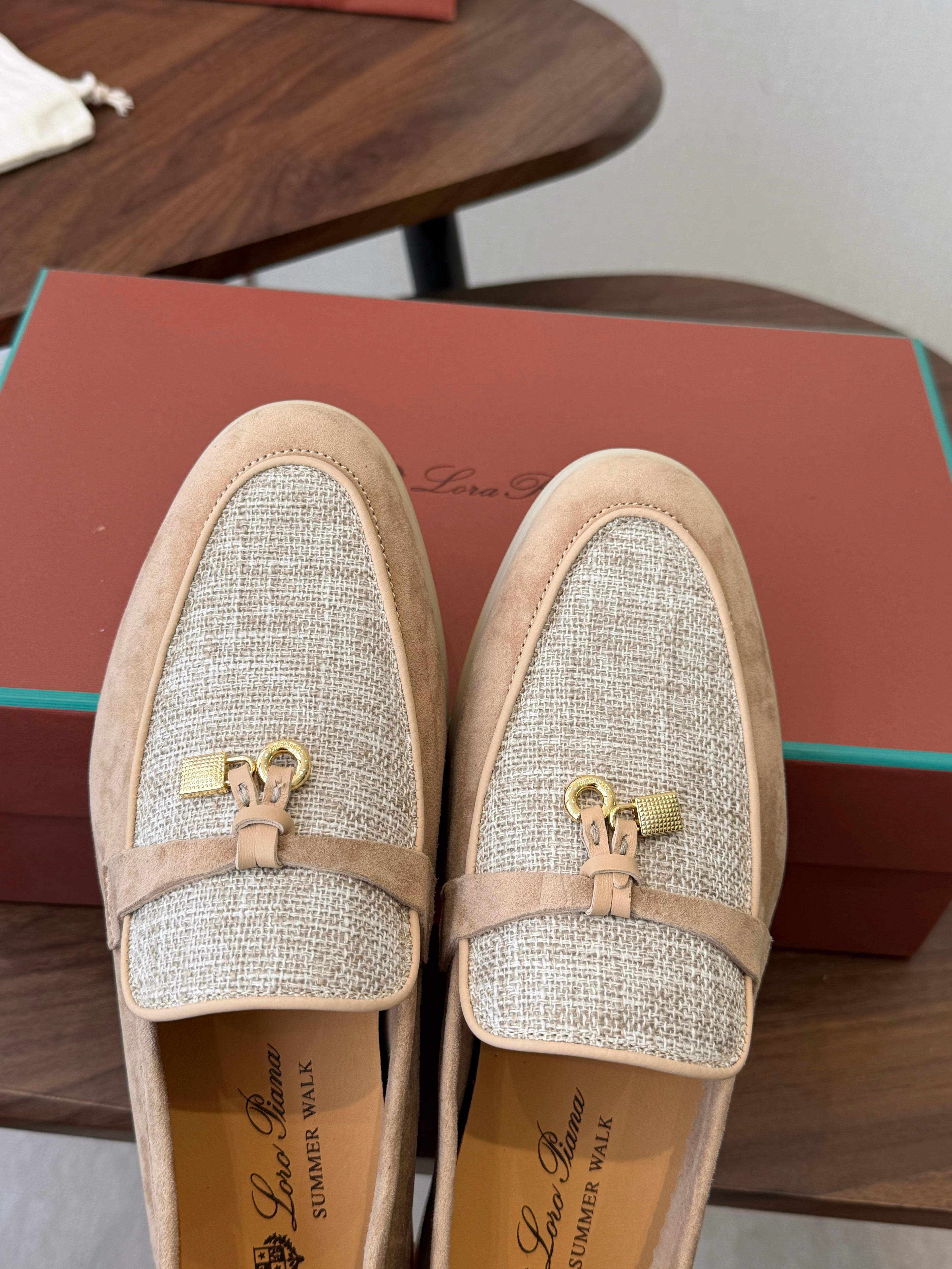 LP 26S LOAFERS IN LIGHT BROWN SUEDE & FABRIC GOLD HARDWARE