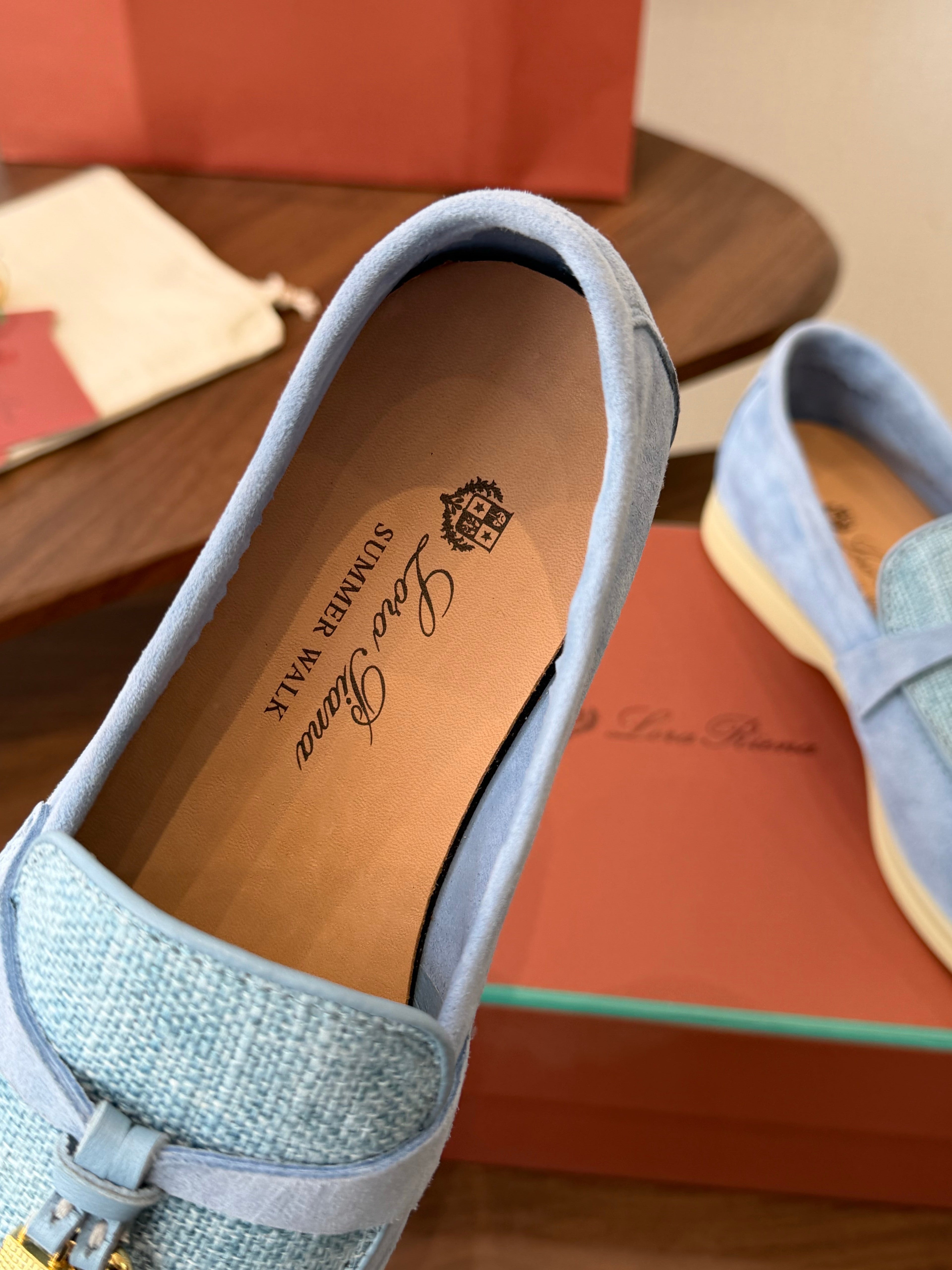 LP 26S LOAFERS IN LIGHT BLUE SUEDE & FABRIC GOLD HARDWARE