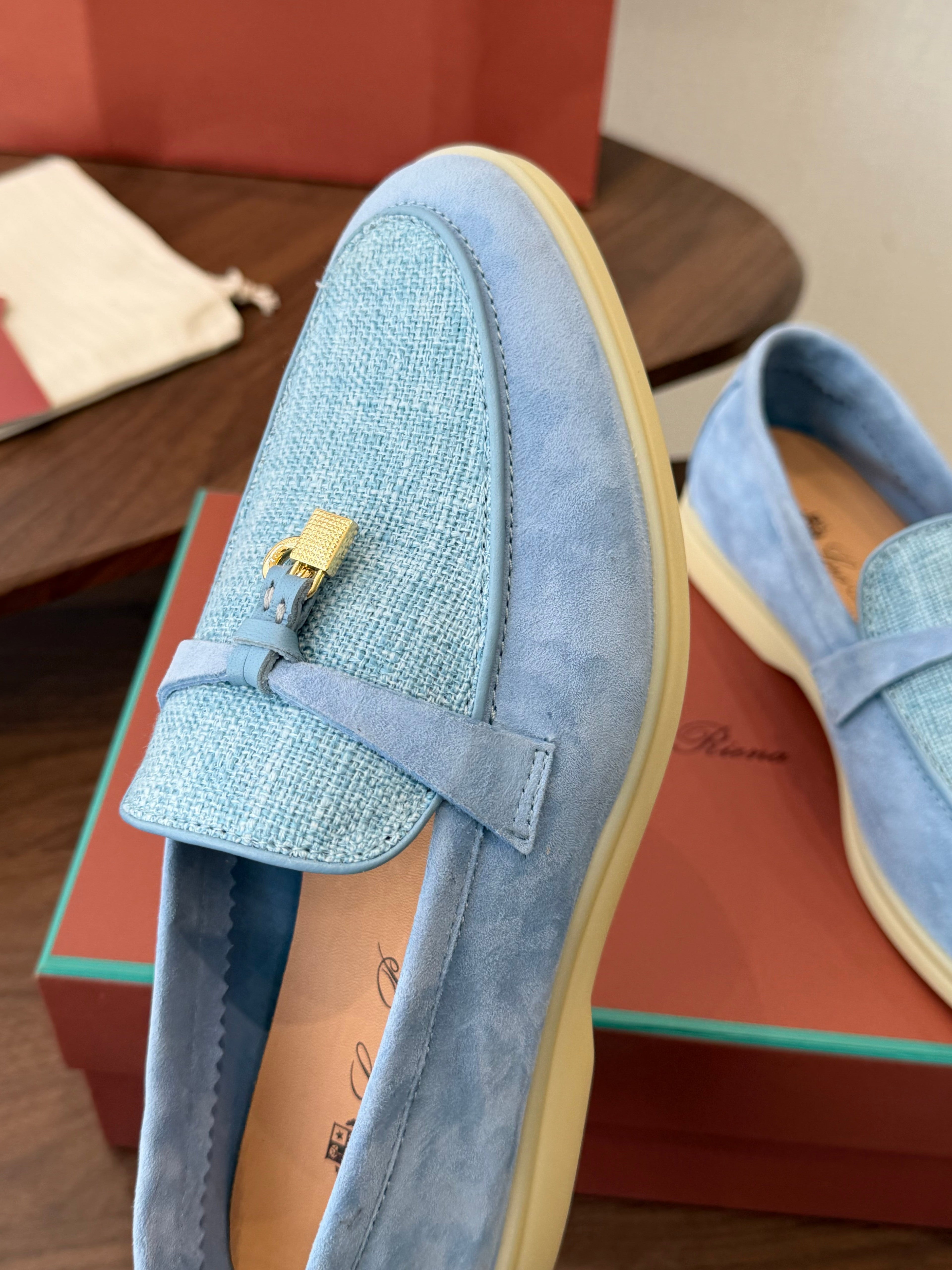 LP 26S LOAFERS IN LIGHT BLUE SUEDE & FABRIC GOLD HARDWARE