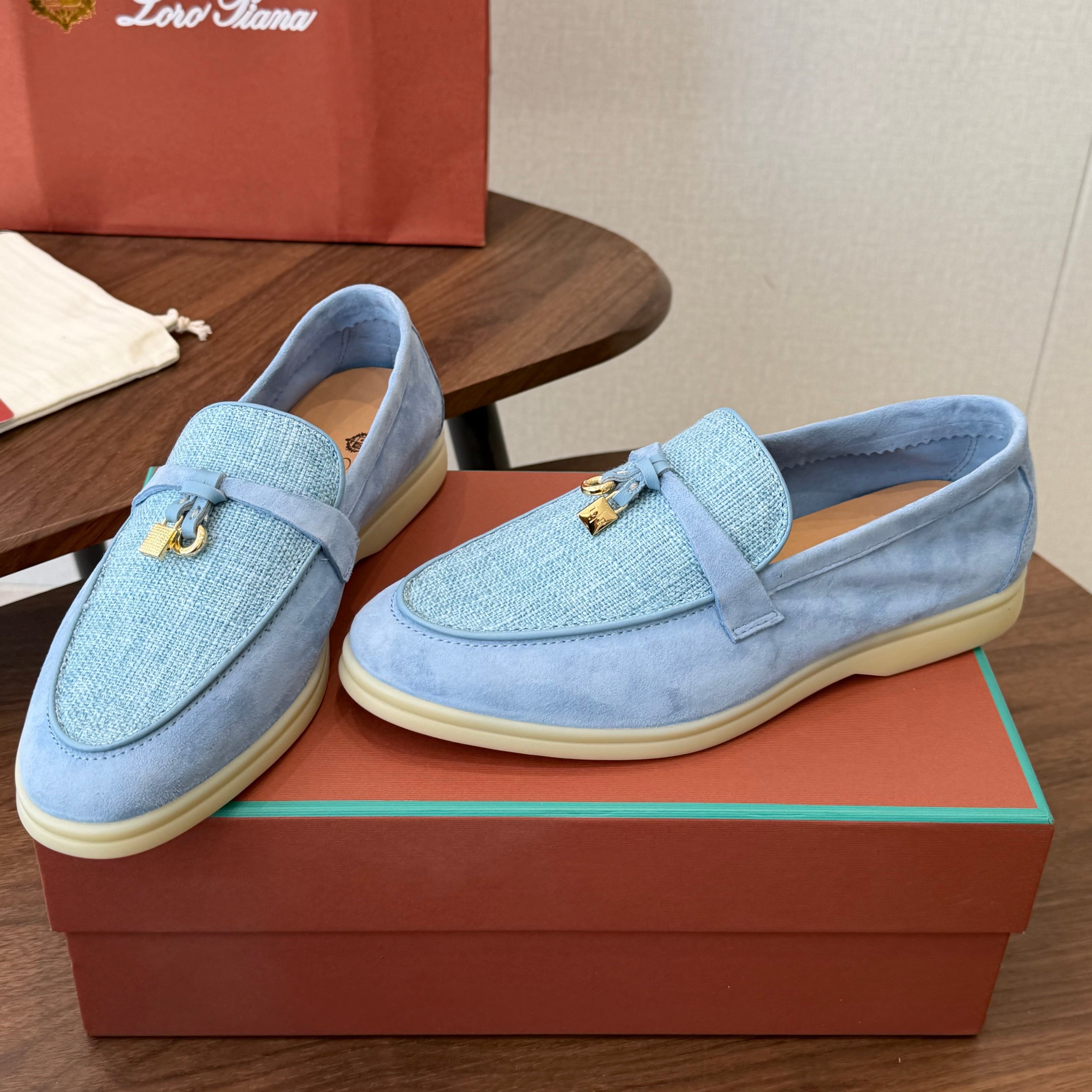 LP 26S LOAFERS IN LIGHT BLUE SUEDE & FABRIC GOLD HARDWARE