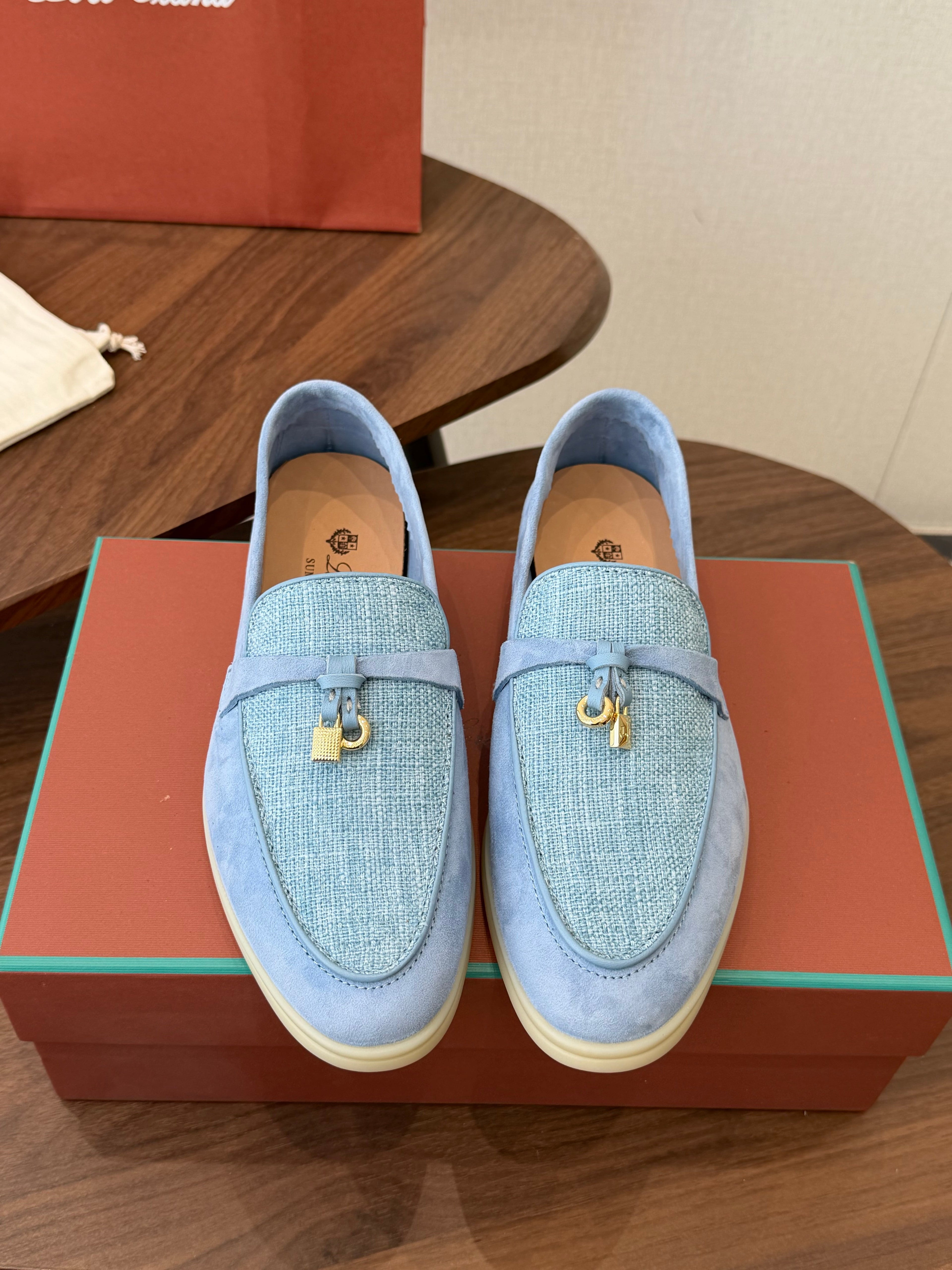 LP 26S LOAFERS IN LIGHT BLUE SUEDE & FABRIC GOLD HARDWARE