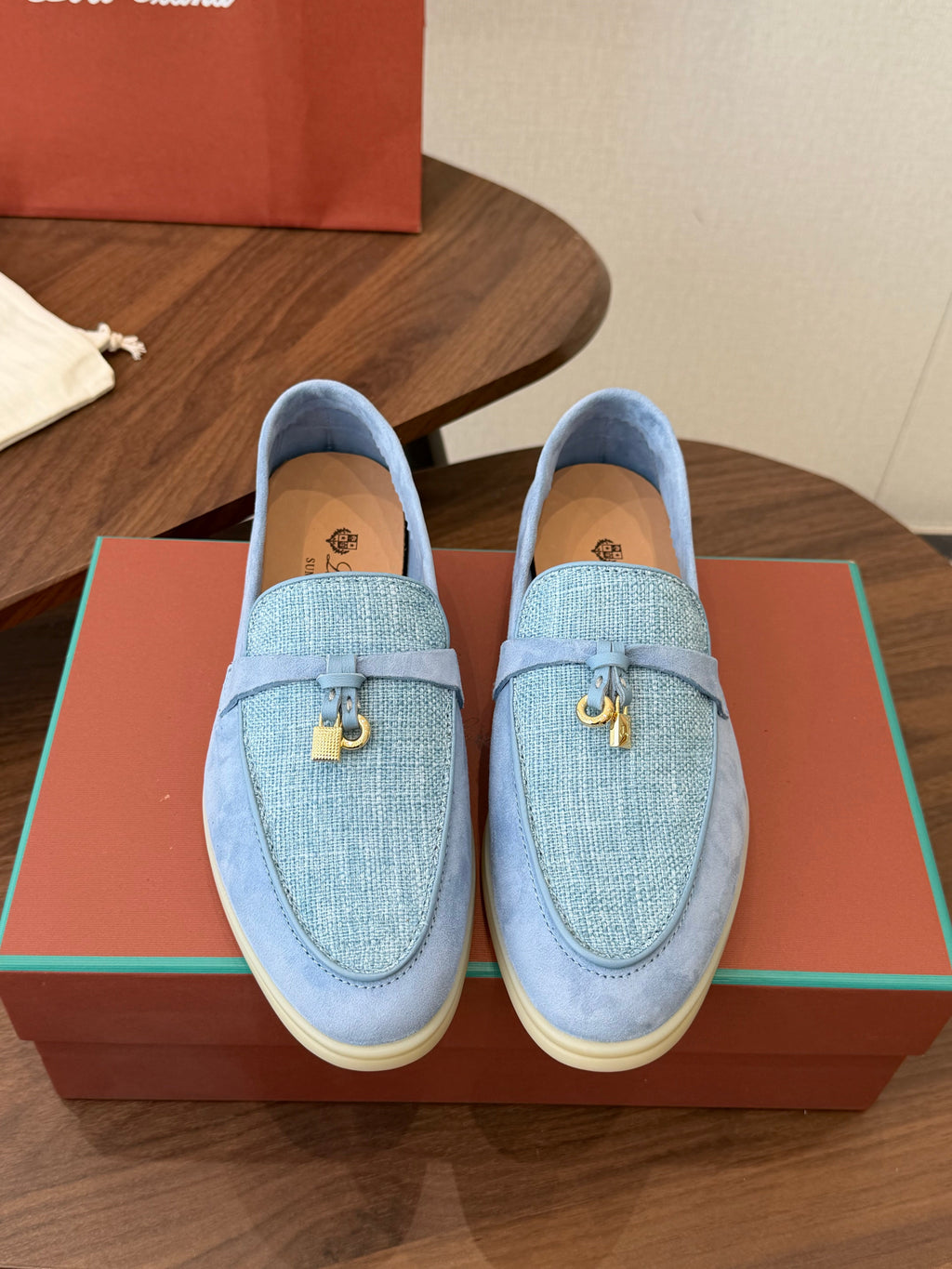 LP 26S LOAFERS IN LIGHT BLUE SUEDE & FABRIC GOLD HARDWARE