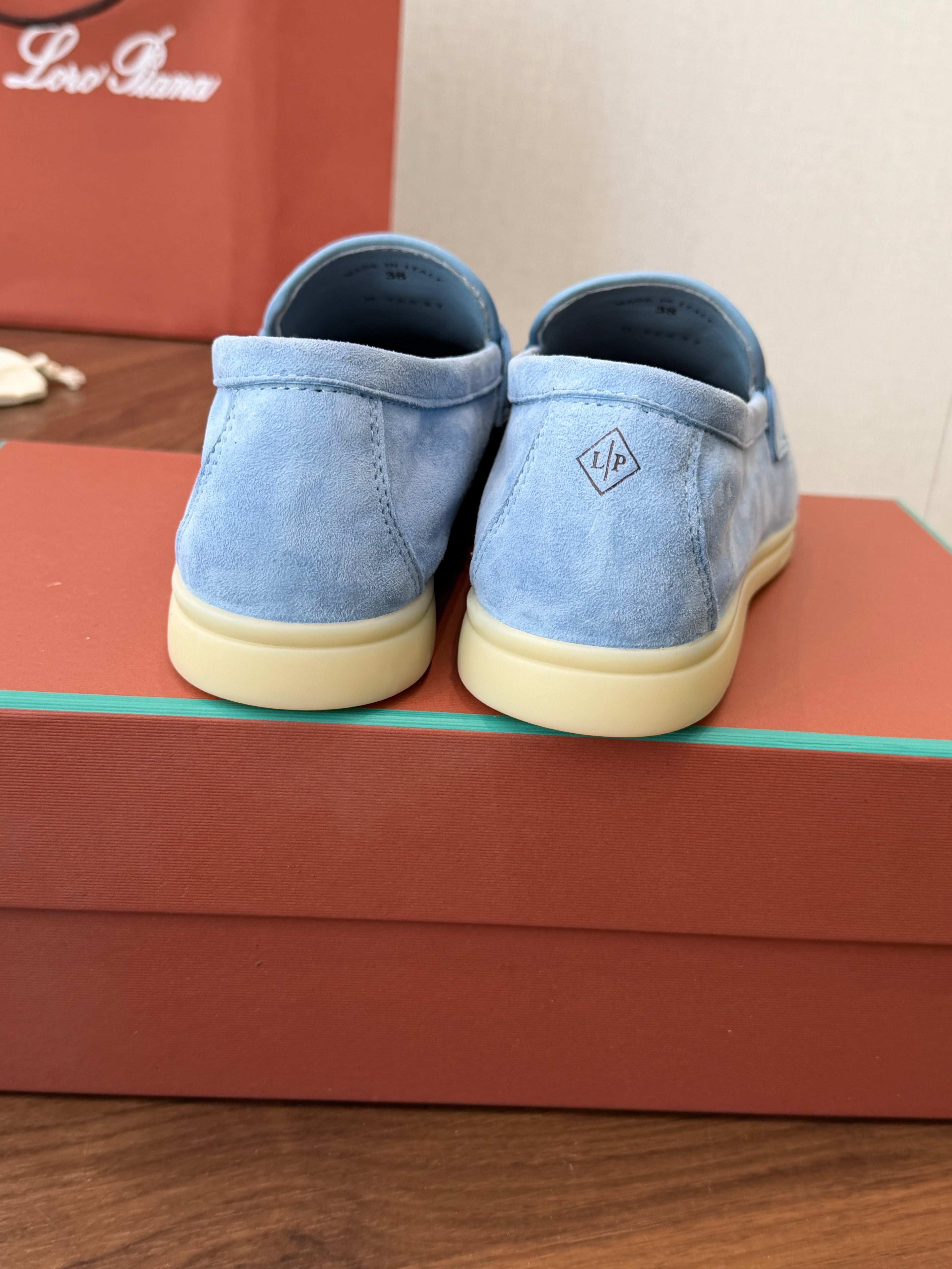 LP 26S LOAFERS IN LIGHT BLUE SUEDE & FABRIC GOLD HARDWARE