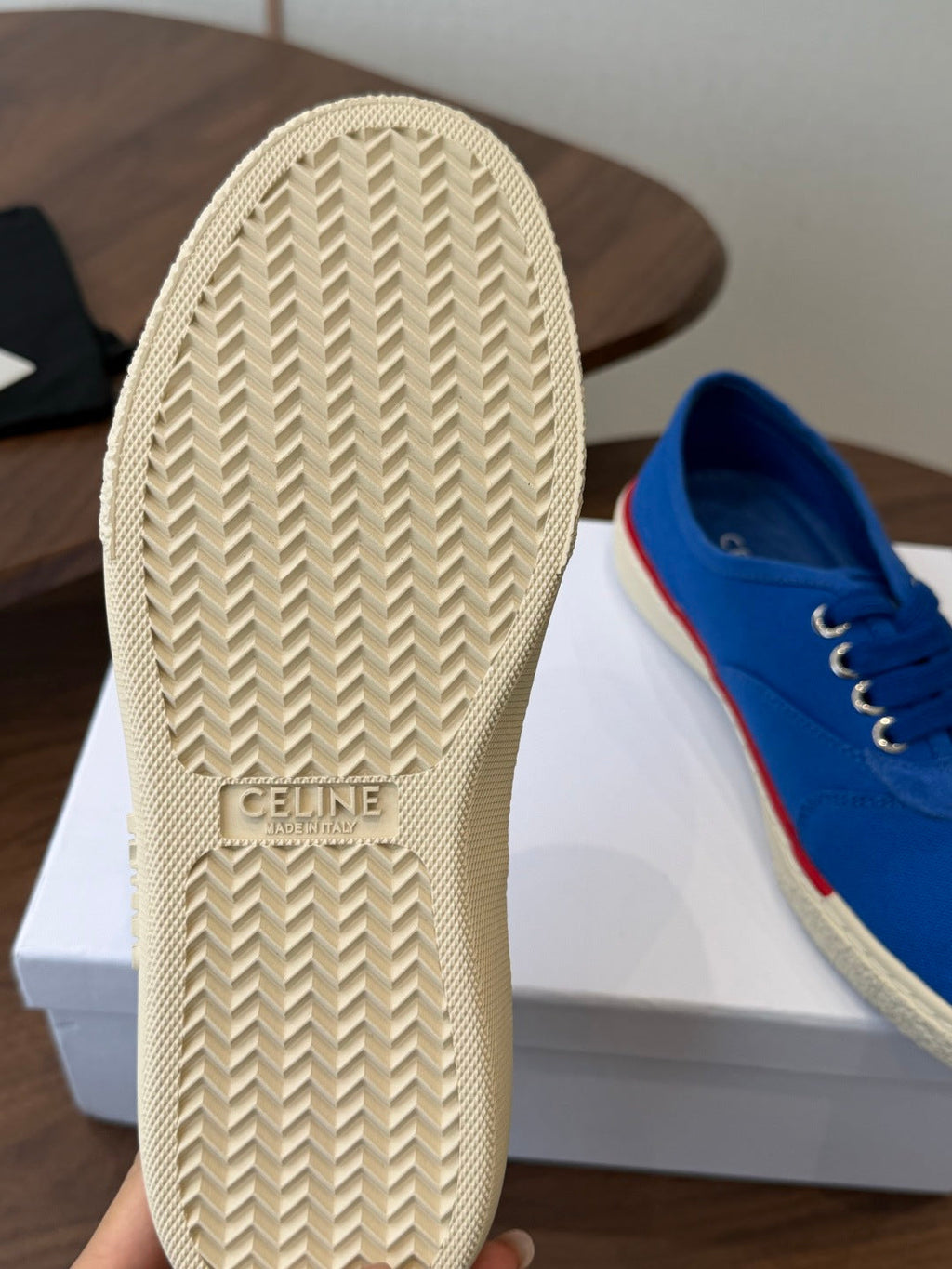 CELINE 26S TRIOMPHE LOW TOP SNEAKERS IN BLUE CANVAS RED TRIM