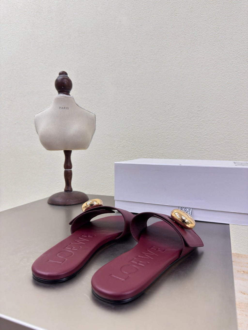 LOEWE 26S PEBBLE SLIDE IN BURGUNDY RED CALFSKIN GOLD HARDWARE