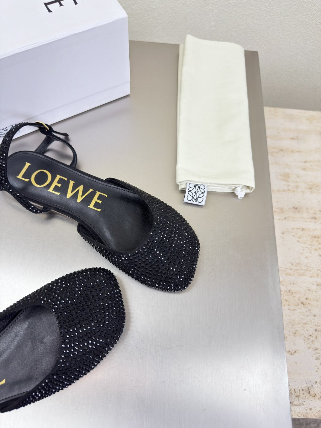 LOEWE 26S CRYSTAL-EMBELLISHED SLINGBACK FLAT PUMPS IN BLACK CALFSKIN