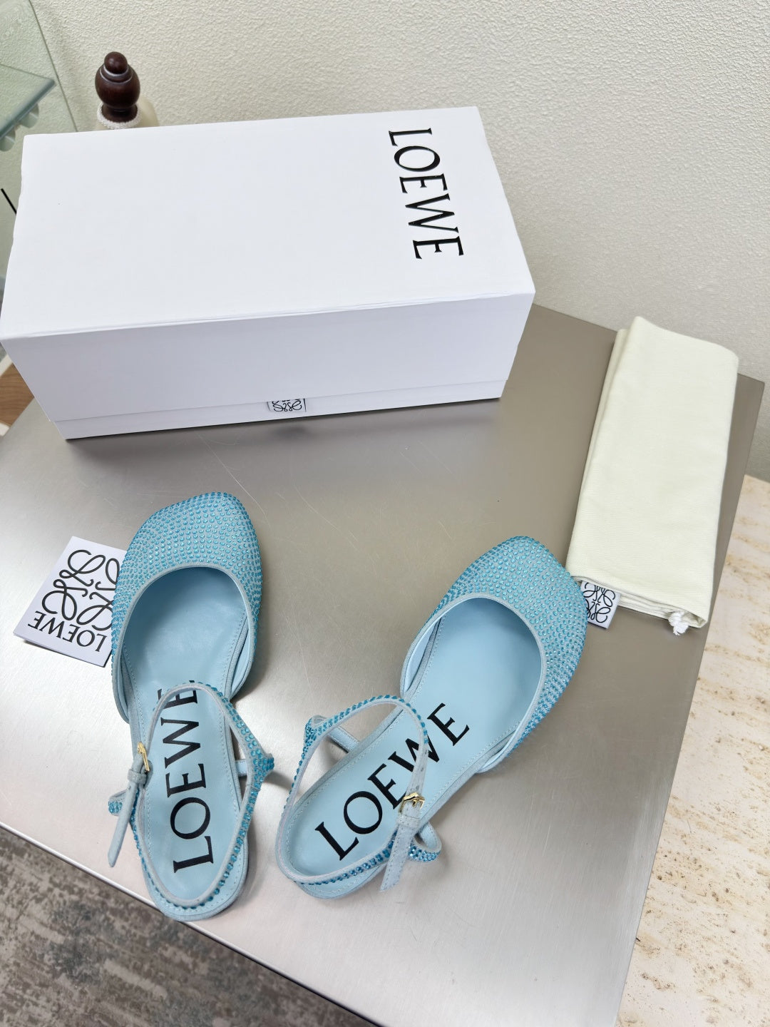 LOEWE 26S CRYSTAL-EMBELLISHED SLINGBACK FLAT PUMPS IN LIGHT BLUE CALFSKIN