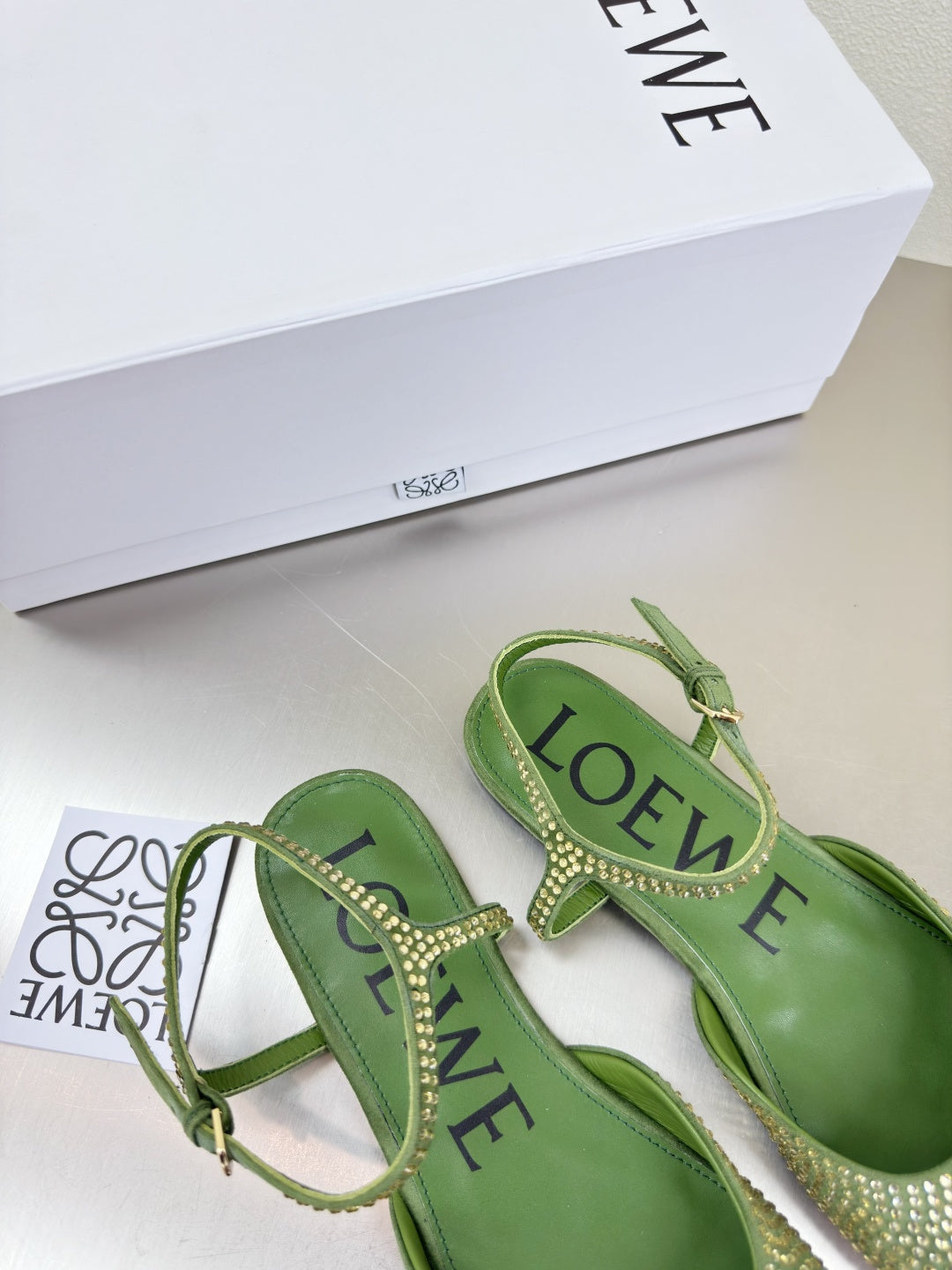 LOEWE 26S CRYSTAL-EMBELLISHED SLINGBACK FLAT PUMPS IN GREEN CALFSKIN