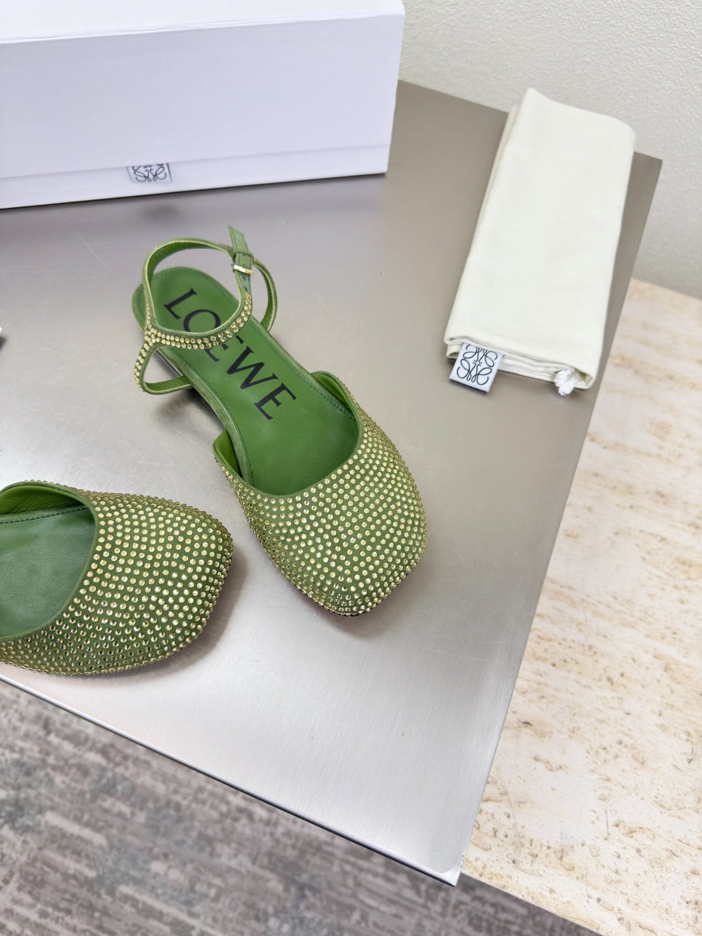 LOEWE 26S CRYSTAL-EMBELLISHED SLINGBACK FLAT PUMPS IN GREEN CALFSKIN