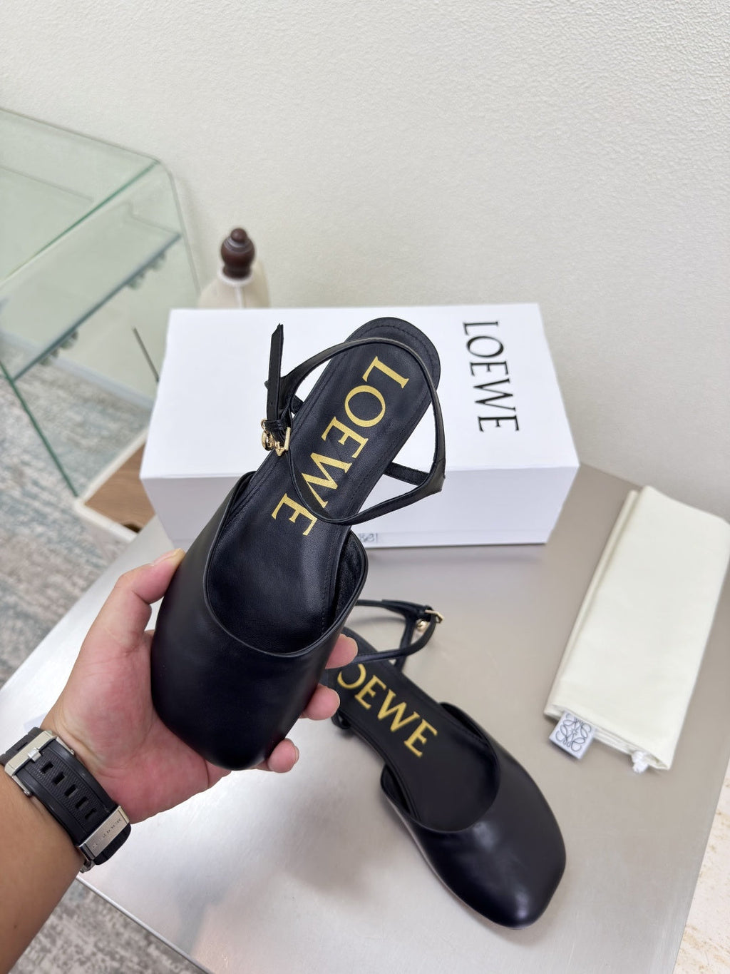 LOEWE 26S SLINGBACK FLAT PUMPS IN BLACK CALFSKIN