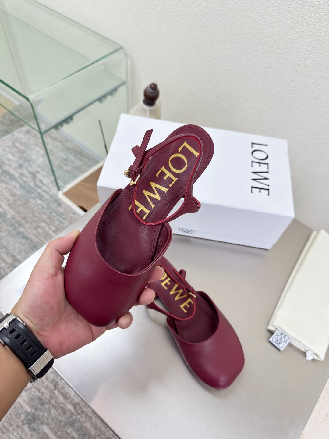 LOEWE 26S SLINGBACK FLAT PUMPS IN BURGUNDY RED CALFSKIN
