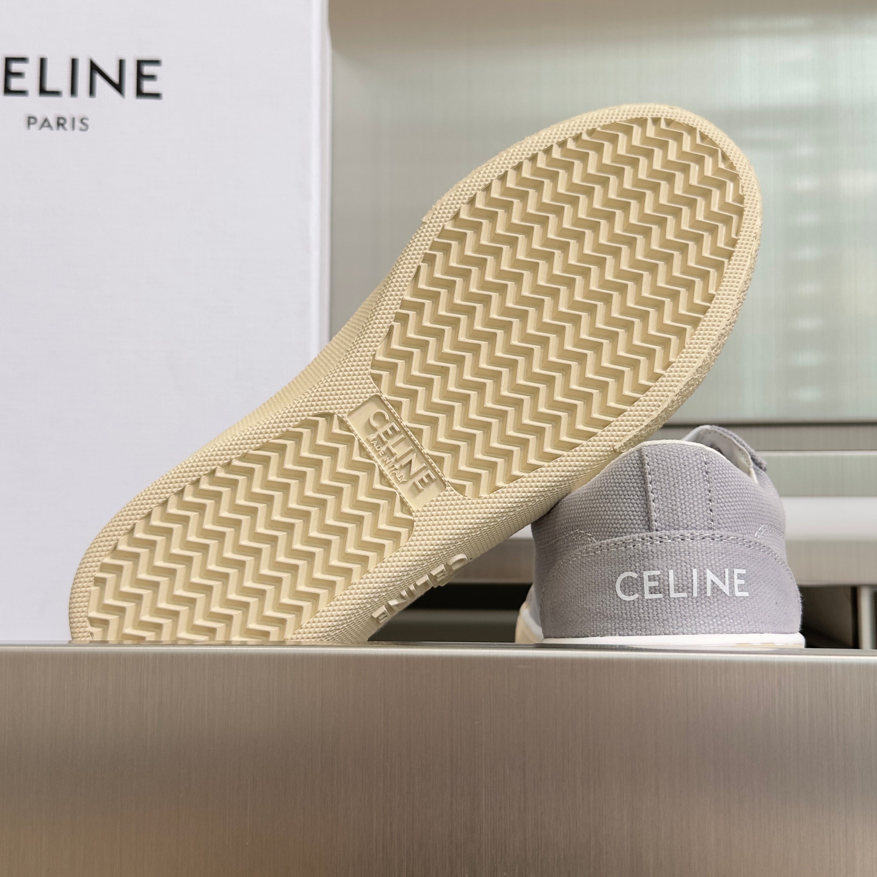 CELINE 26S LACE-UP SNEAKERS IN LIGHT GRAY CANVAS