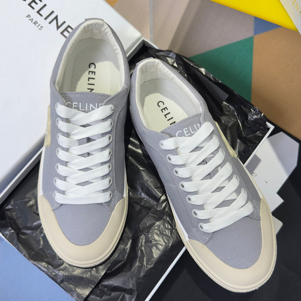 CELINE 26S LACE-UP SNEAKERS IN LIGHT GRAY CANVAS