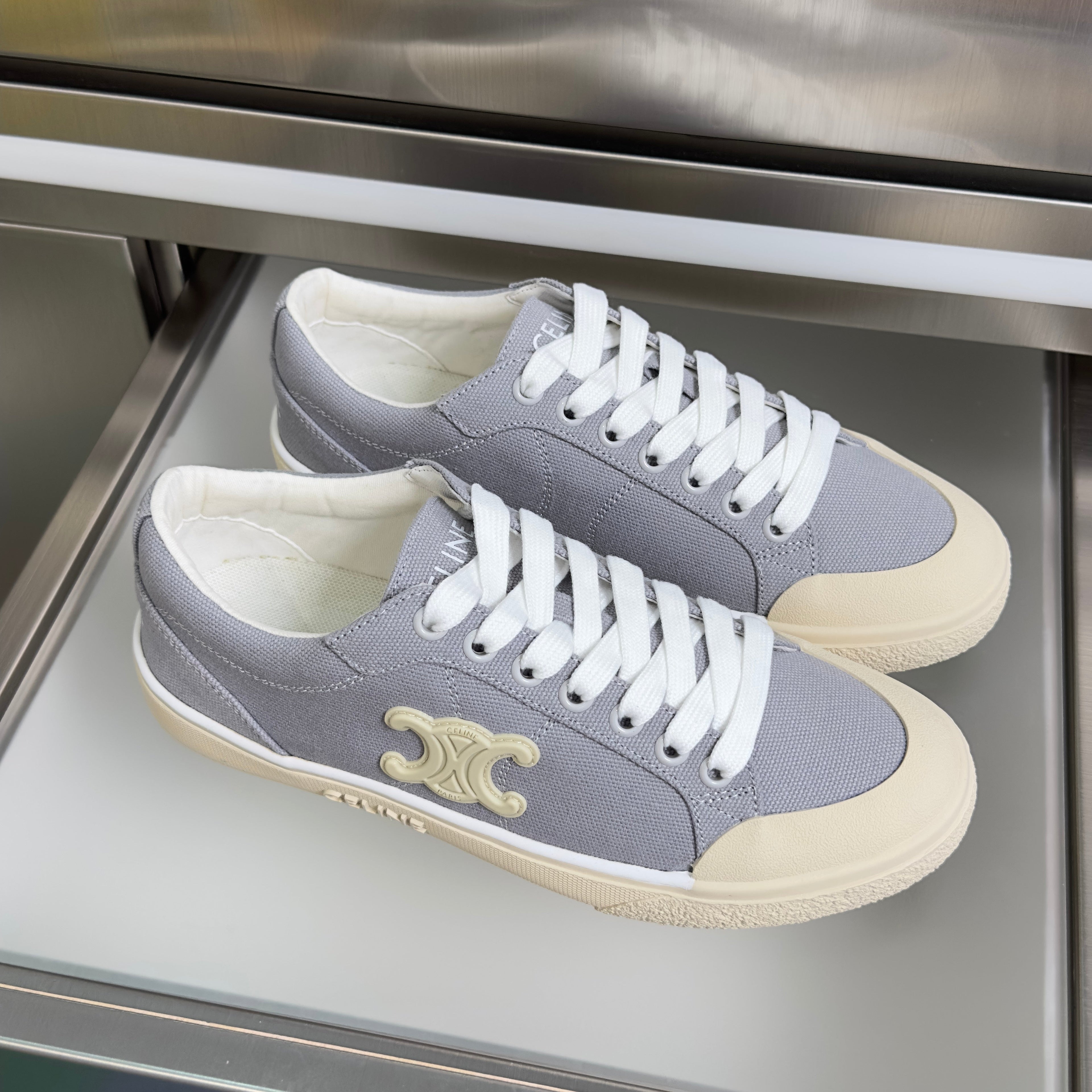 CELINE 26S LACE-UP SNEAKERS IN LIGHT GRAY CANVAS