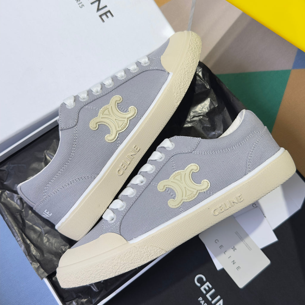 CELINE 26S LACE-UP SNEAKERS IN LIGHT GRAY CANVAS