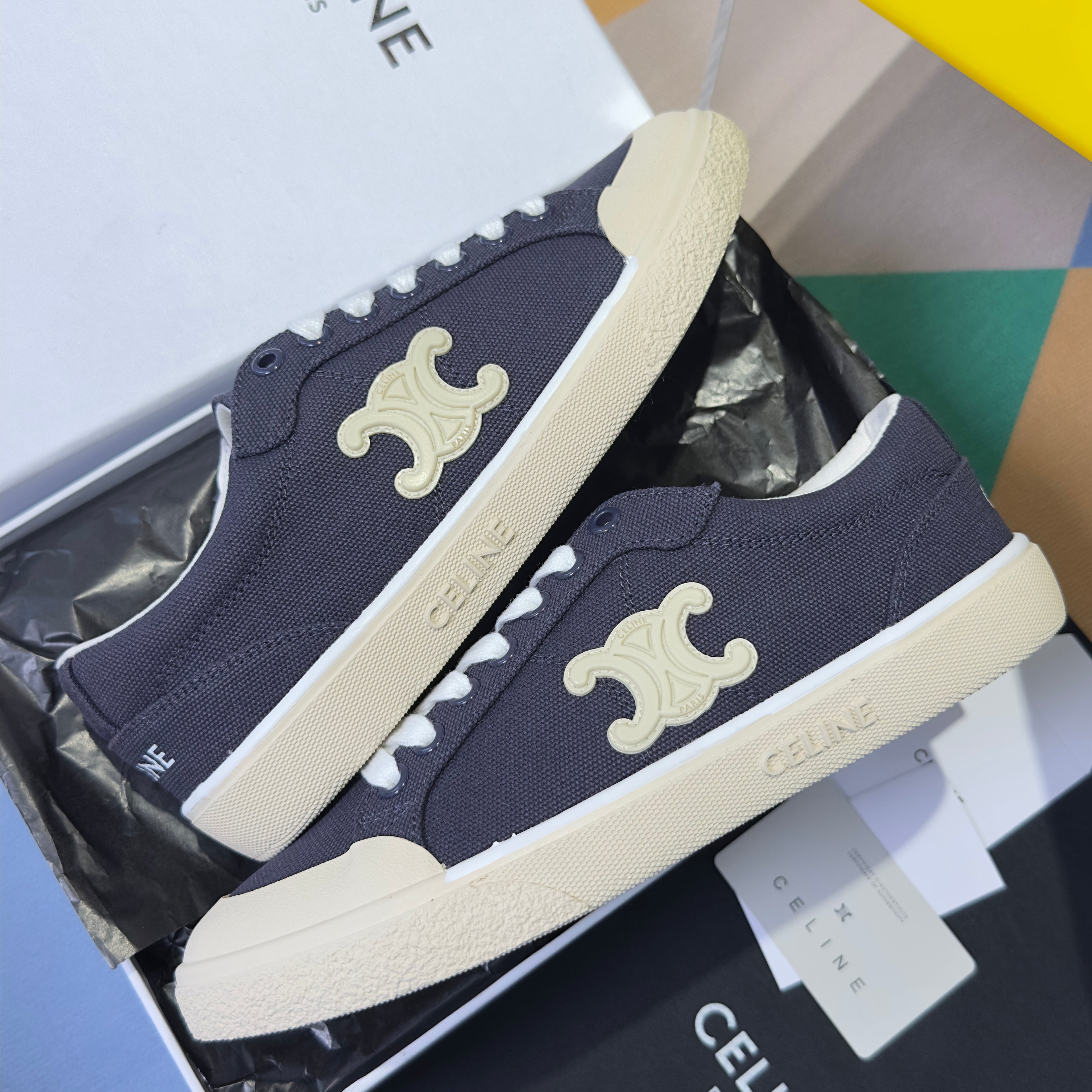 CELINE 26S LACE-UP SNEAKERS IN NAVY BLUE CANVAS
