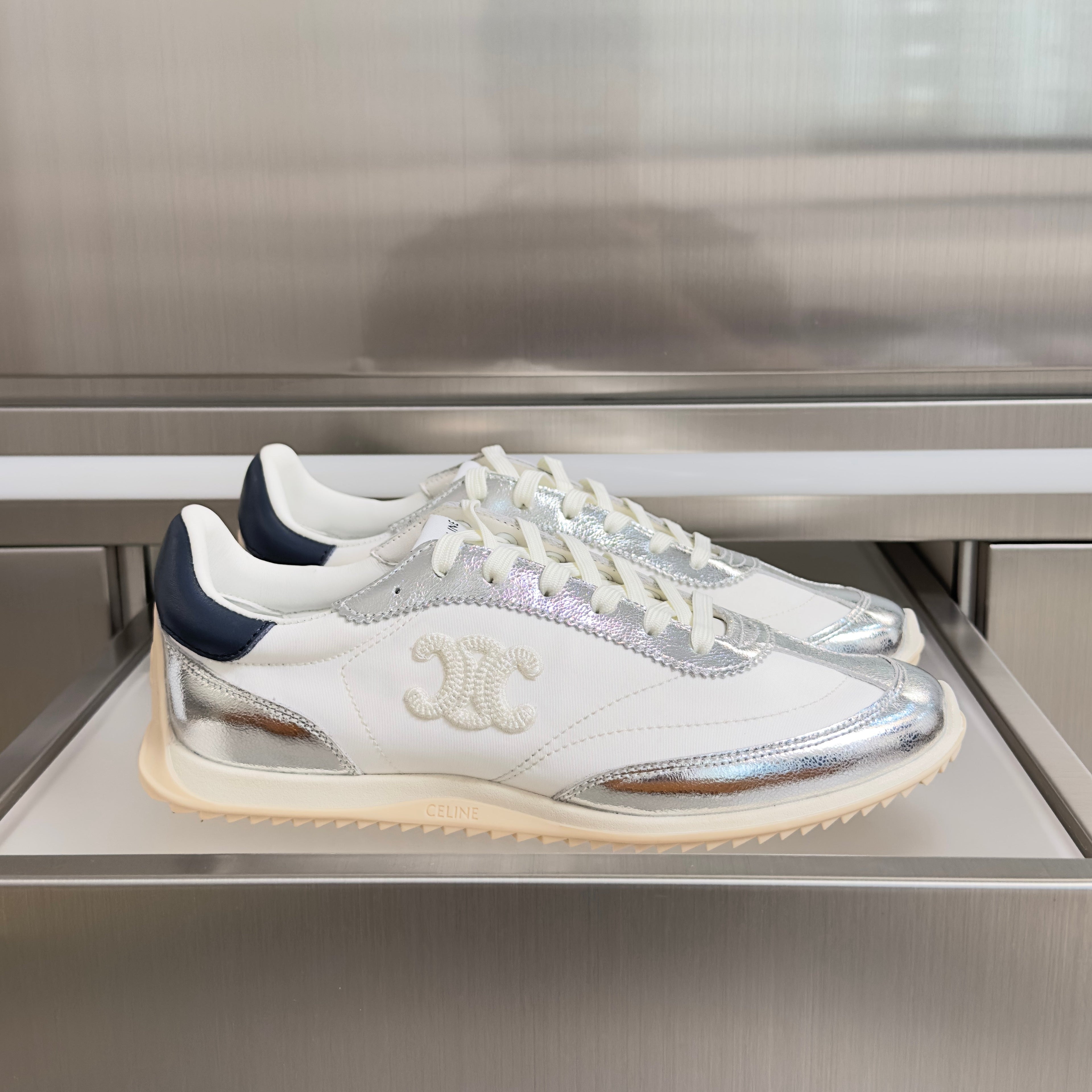 CELINE 26S RACER SNEAKERS IN WHITE FABRIC AND SILVER CALFSKIN