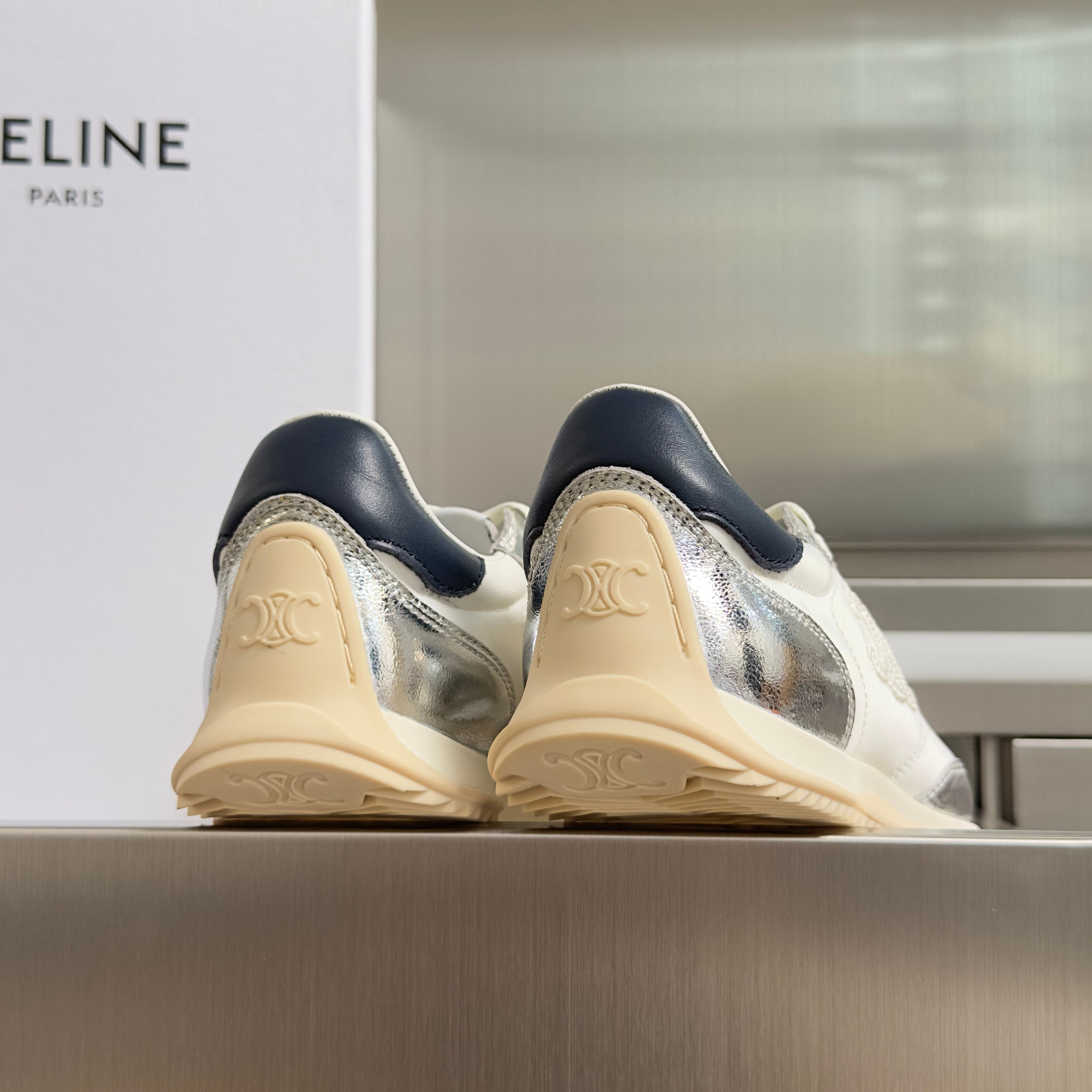 CELINE 26S RACER SNEAKERS IN WHITE FABRIC AND SILVER CALFSKIN
