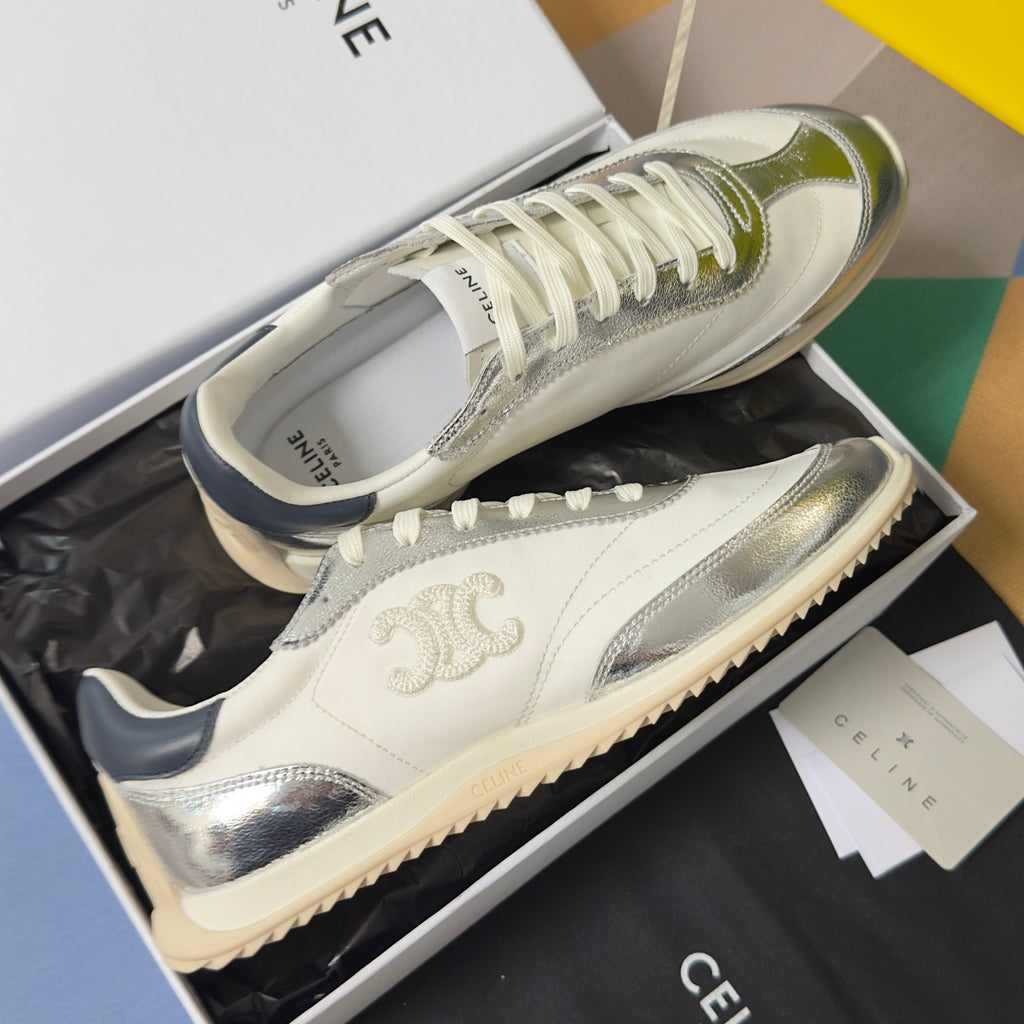 CELINE 26S RACER SNEAKERS IN WHITE FABRIC AND SILVER CALFSKIN