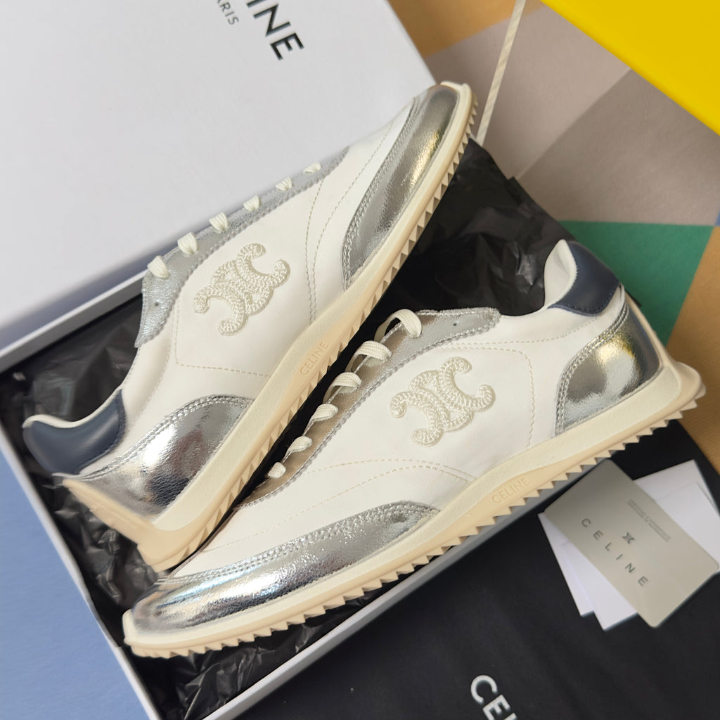 CELINE 26S RACER SNEAKERS IN WHITE FABRIC AND SILVER CALFSKIN