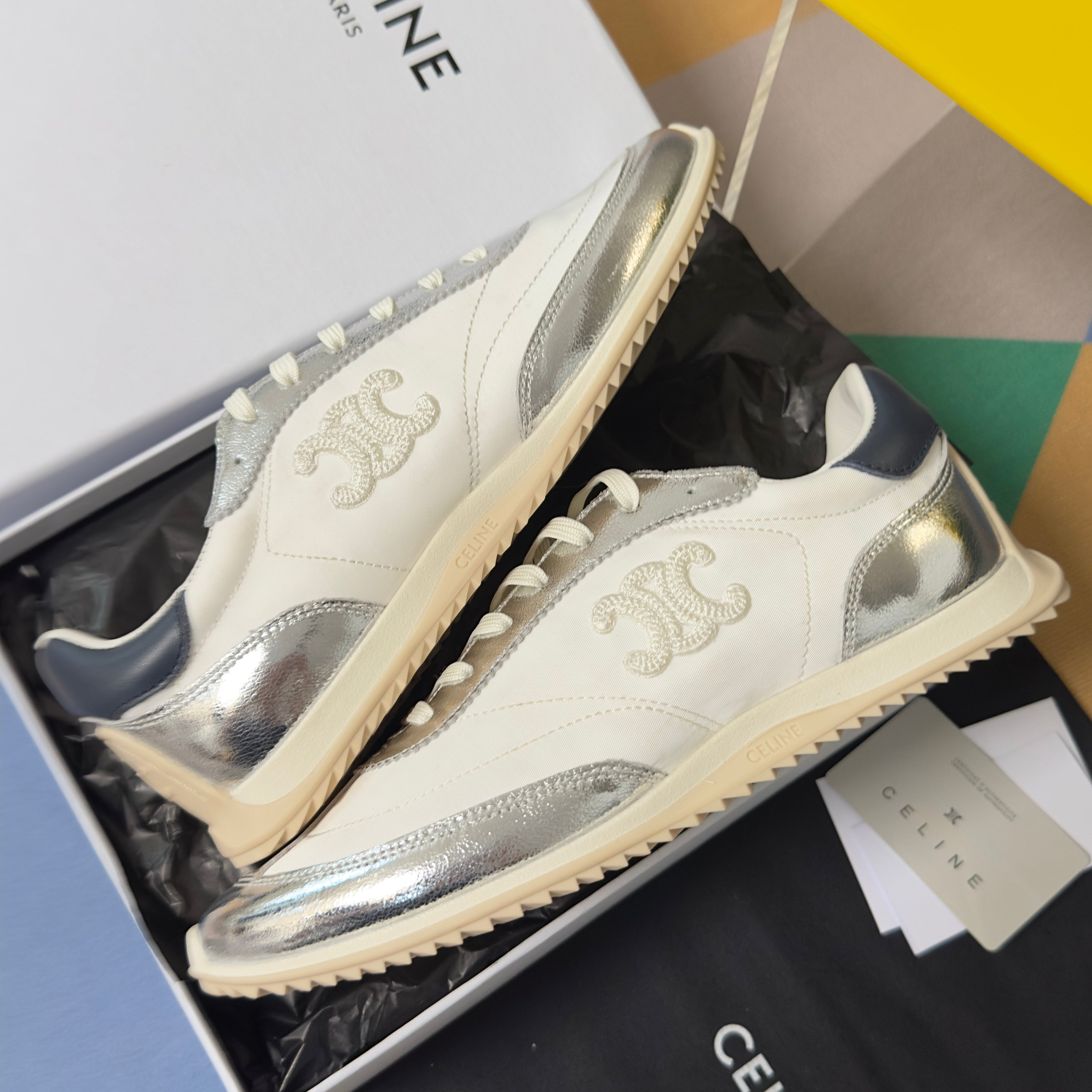 CELINE 26S RACER SNEAKERS IN WHITE FABRIC AND SILVER CALFSKIN