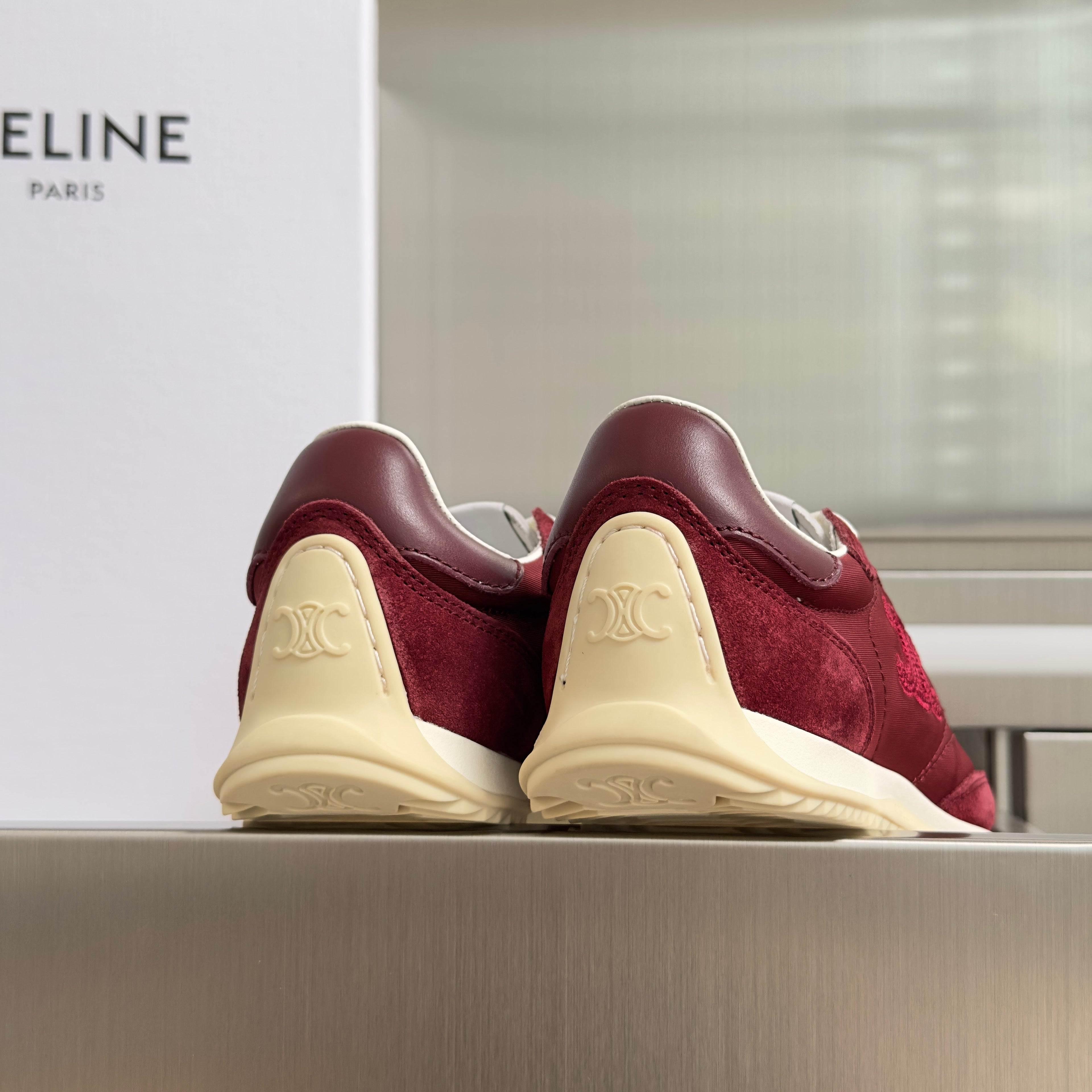 CELINE 26S RACER SNEAKERS IN DARK RED FABRIC AND SUEDE