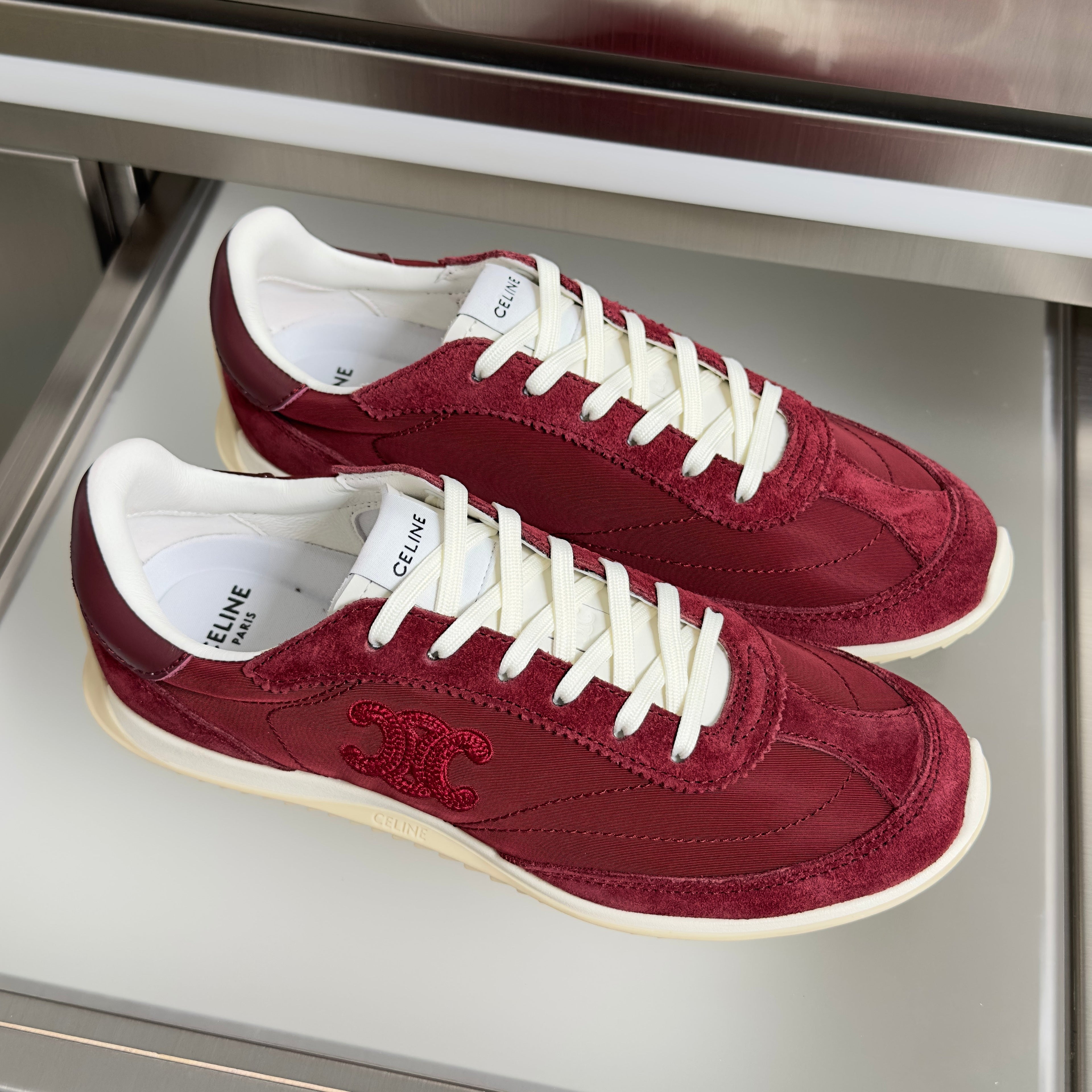CELINE 26S RACER SNEAKERS IN DARK RED FABRIC AND SUEDE