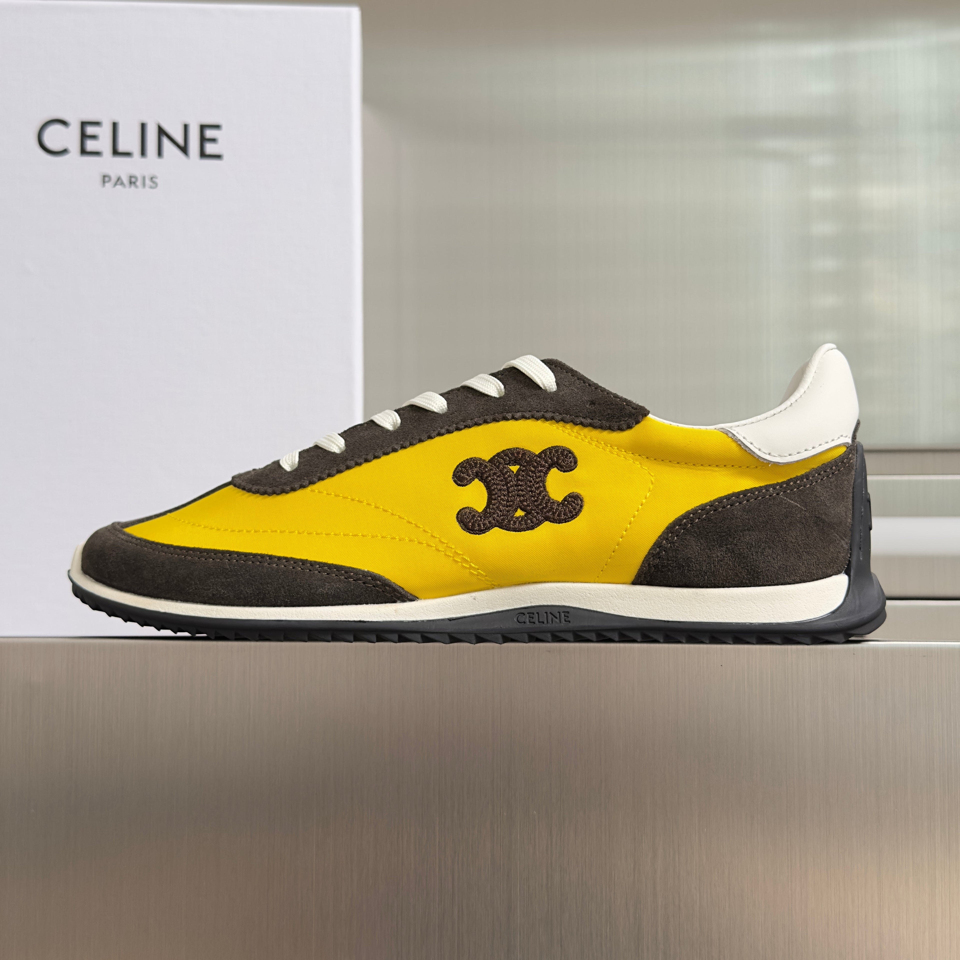 CELINE 26S RACER SNEAKERS IN YELLOW FABRIC AND DARK GREY SUEDE