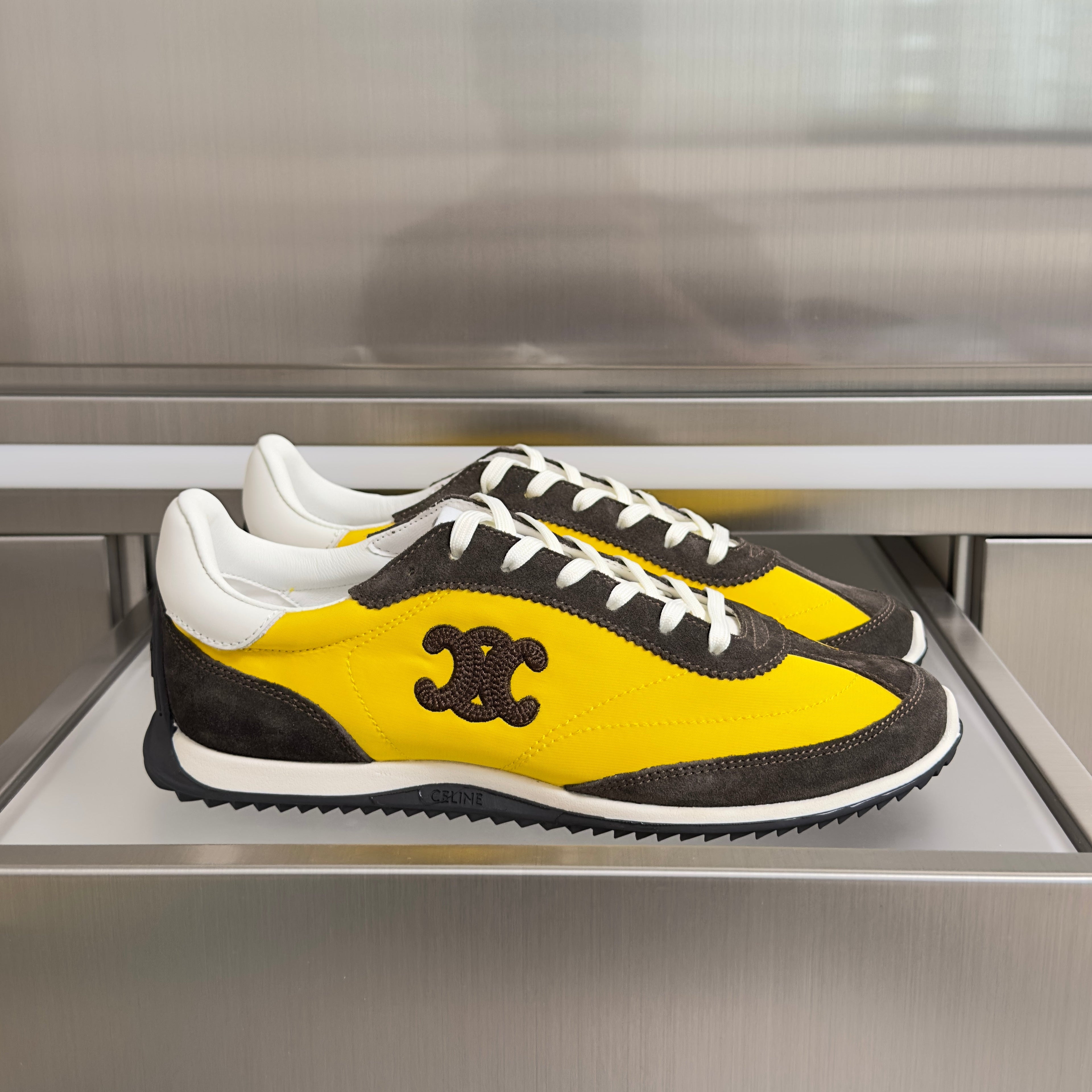 CELINE 26S RACER SNEAKERS IN YELLOW FABRIC AND DARK GREY SUEDE